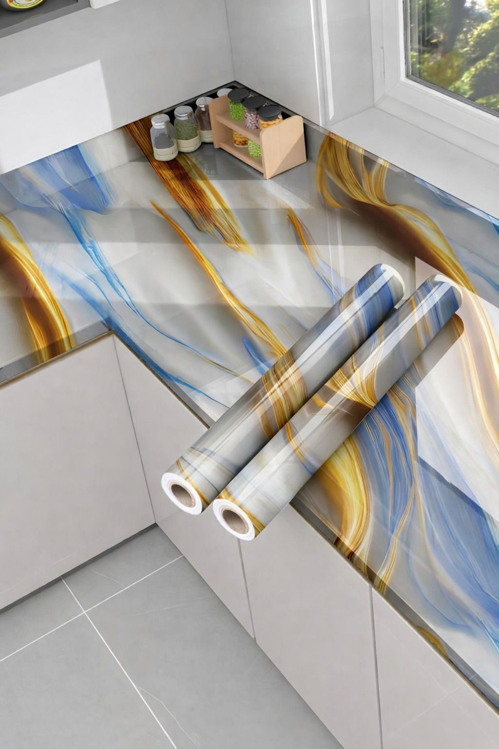 Image of voltify 200 cm Waterproof Wall Sticker For Kitchen & Home Decor - Glossy Marble Pattern Self Adhesive Sticker