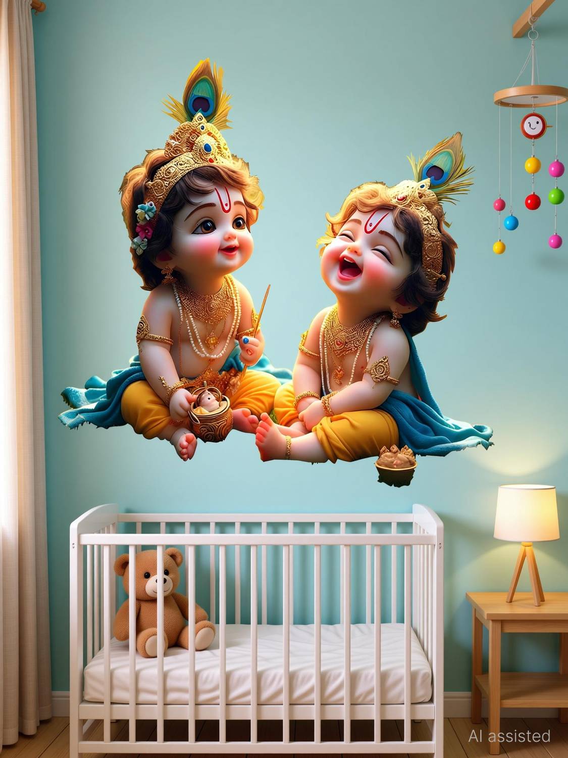 LAKSHIT ENTERPRISES 60 cm Cute Bal Gopal Krishna Laughing Wall Sticker for Living Room Self Adhesive Sticker