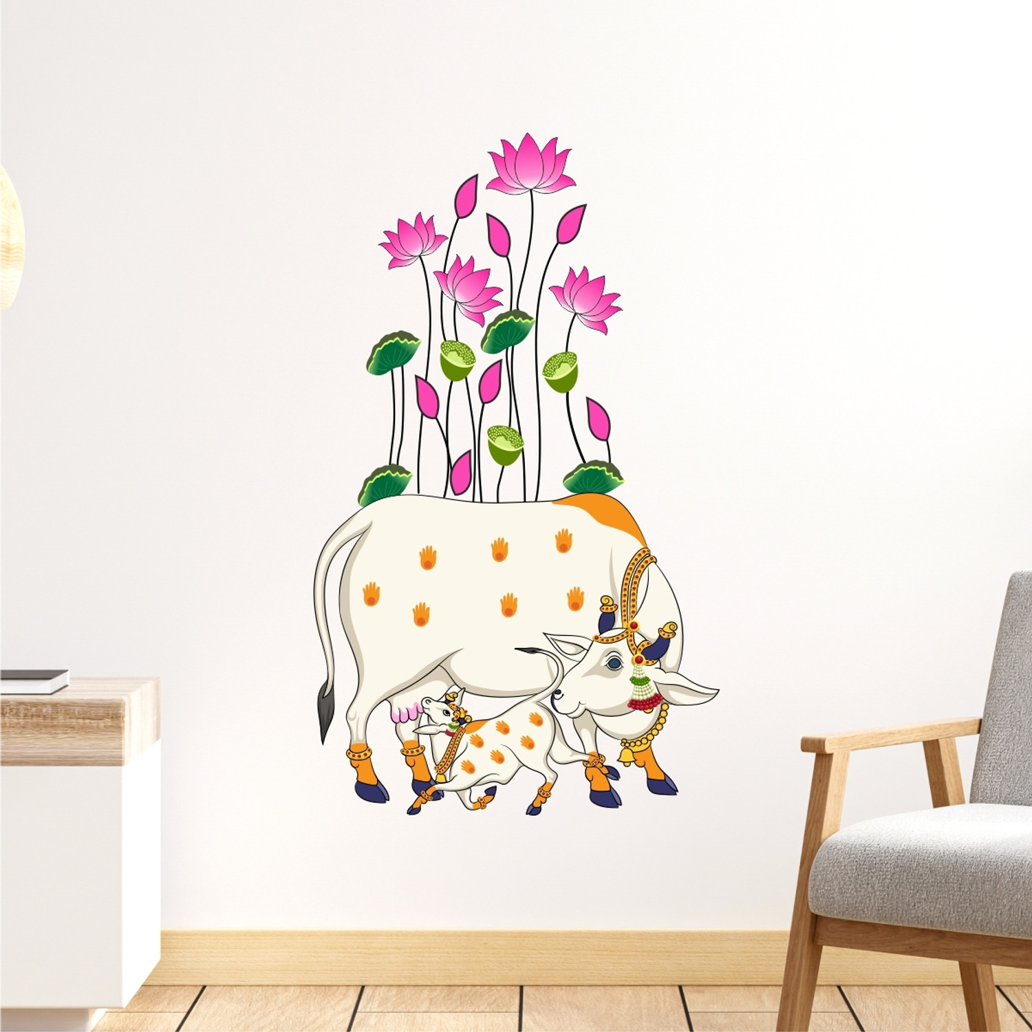 Image of rawpockets 100 cm Kamadhenu Cow and Calf with Lotus Self Adhesive Sticker