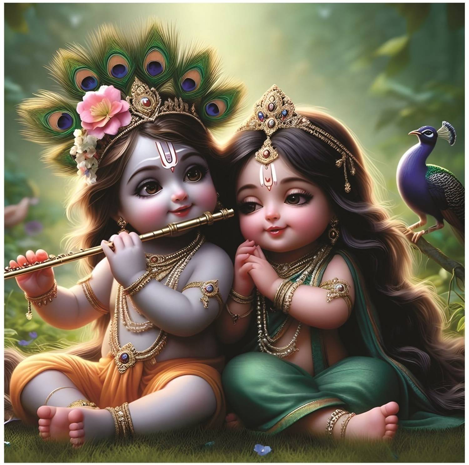 AnaBiaDecor 41 cm Baby Radha Krishna With Peacock Feather God Wall Poster for Pooja Room, Self Adhesive Sticker