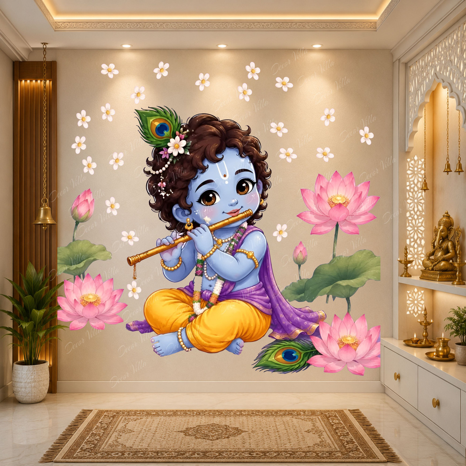 Image of Decor Villa 70 cm Cute Bal krishna sticker for wall Playing Flute with Lotus Flowers Size 70X65 cm Removable Sticker