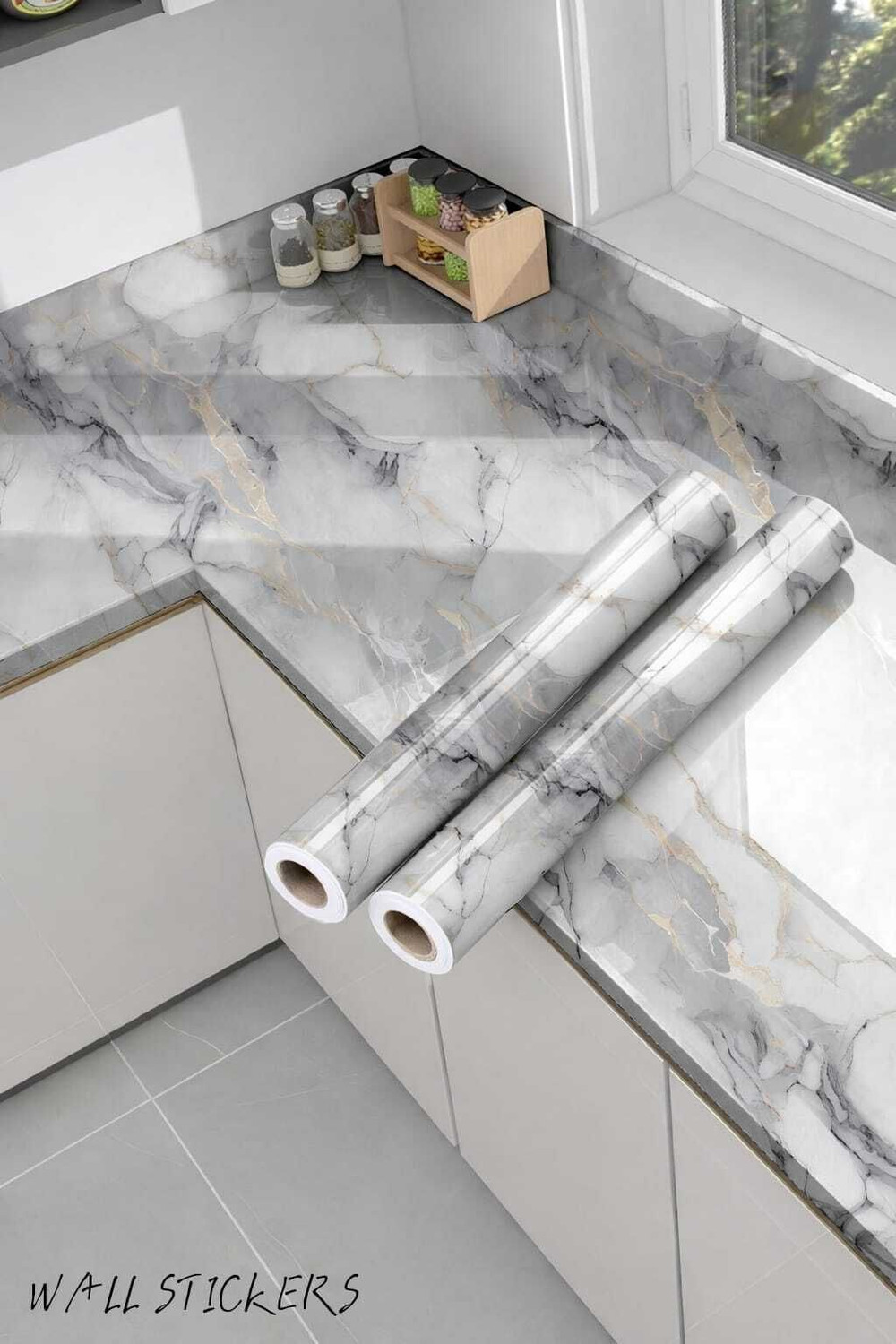 Image of voltify 200 cm Waterproof Wall Sticker For Kitchen & Home Decor - Glossy Marble Pattern Self Adhesive Sticker
