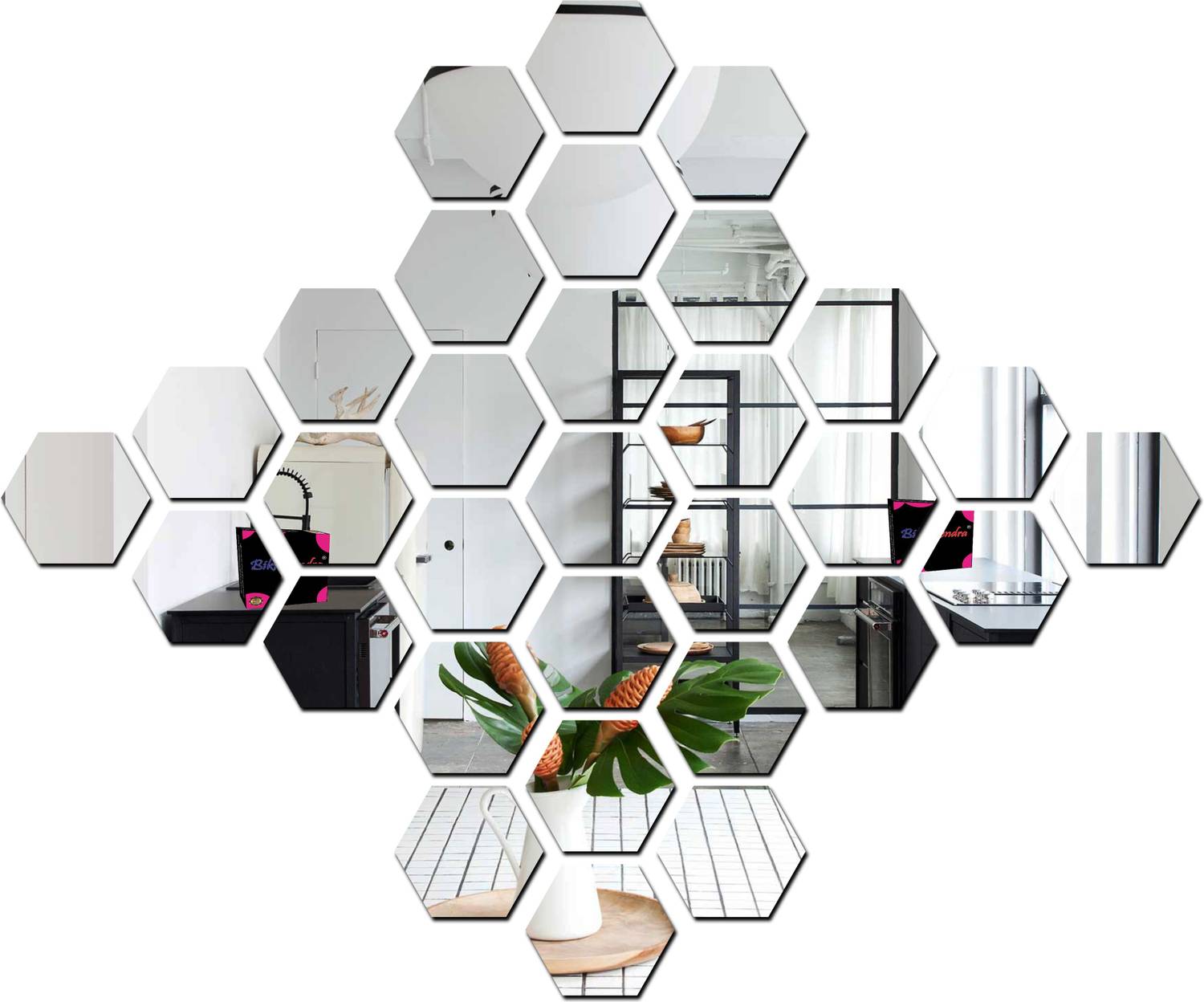 Bikri Kendra 100 cm Hexagon 31 silver - 3D mirror acrylic wall stickers decorative Self Adhesive Sticker