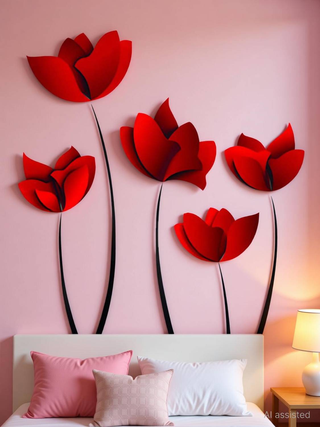 Ajay craft 100 cm Red 3d flower design wall sticker Self Adhesive Sticker