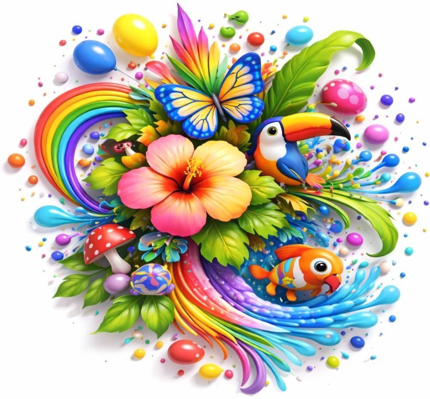 artisian inkwork 50 cm Colorful Rainbow Tropical Wall Sticker, Butterfly Toucan Clownfish Self Adhesive Sticker