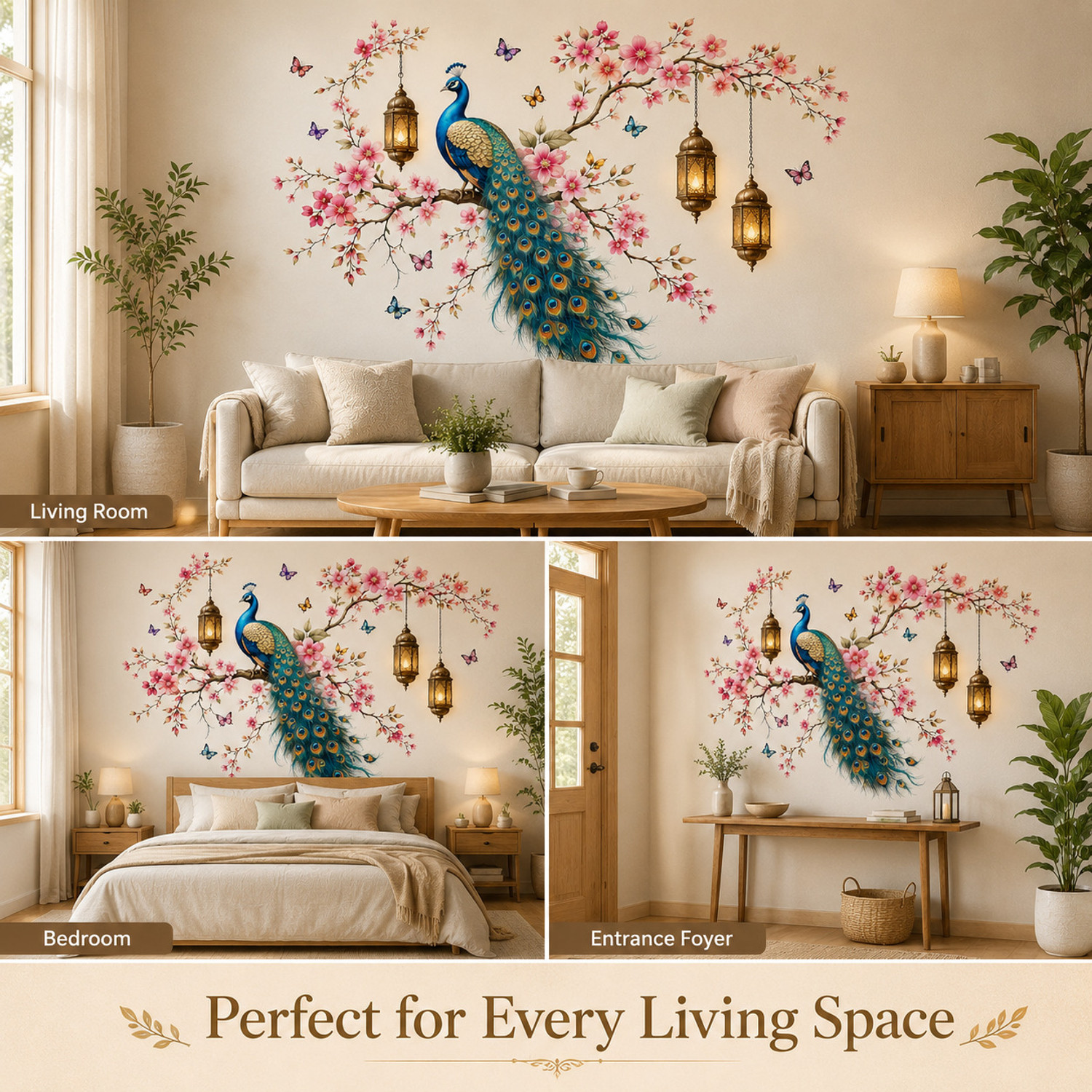 Image of SatnamEncase 30 inch Royal Peacock Gold Floral Wall Sticker Self Adhesive Sticker