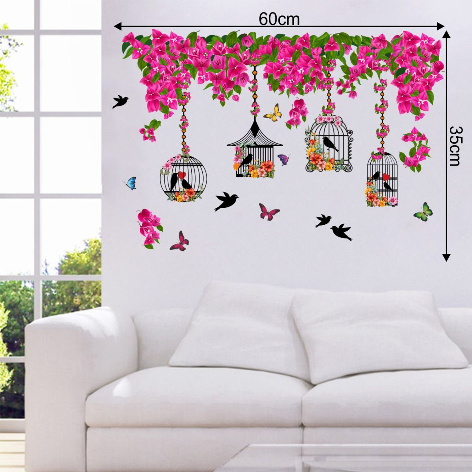 Image of Decal O Decal 60 cm Bird Cage With Pink Flowers & Butterflies Self Adhesive Sticker