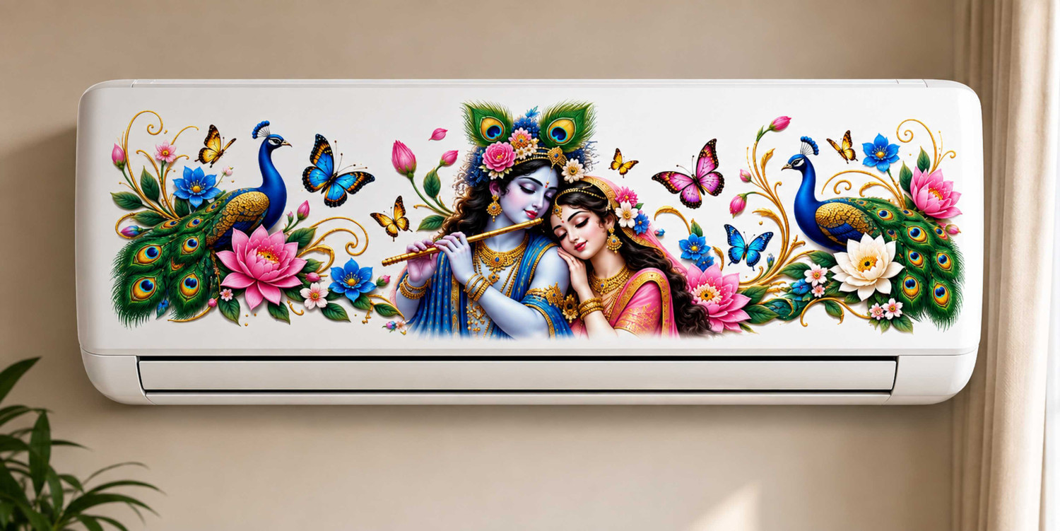 Image of Wall Attraction 35 inch Krishna Radha AC Sticker | Premium Vinyl Peacock Lotus 1.5 Ton Self Adhesive Sticker