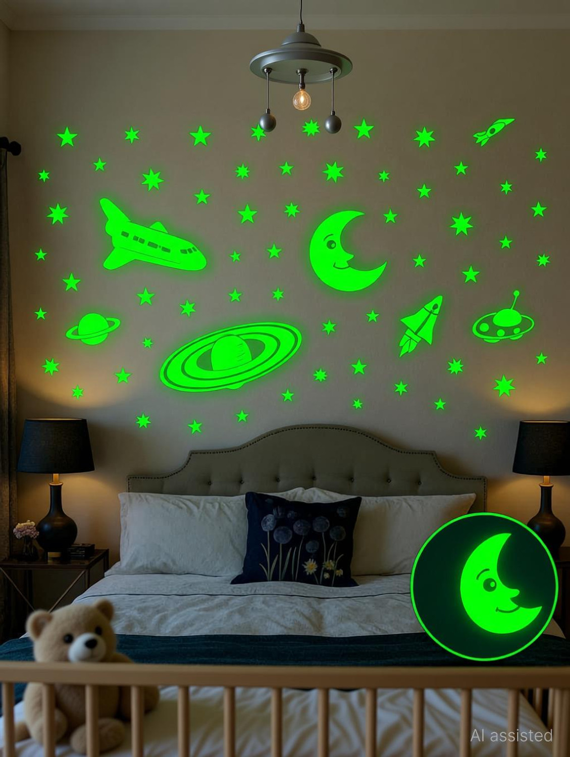Image of DreamKraft 25 cm Glow in the Dark Galaxy of Stars with Moon Radium Night Wall Stickers Self Adhesive Sticker