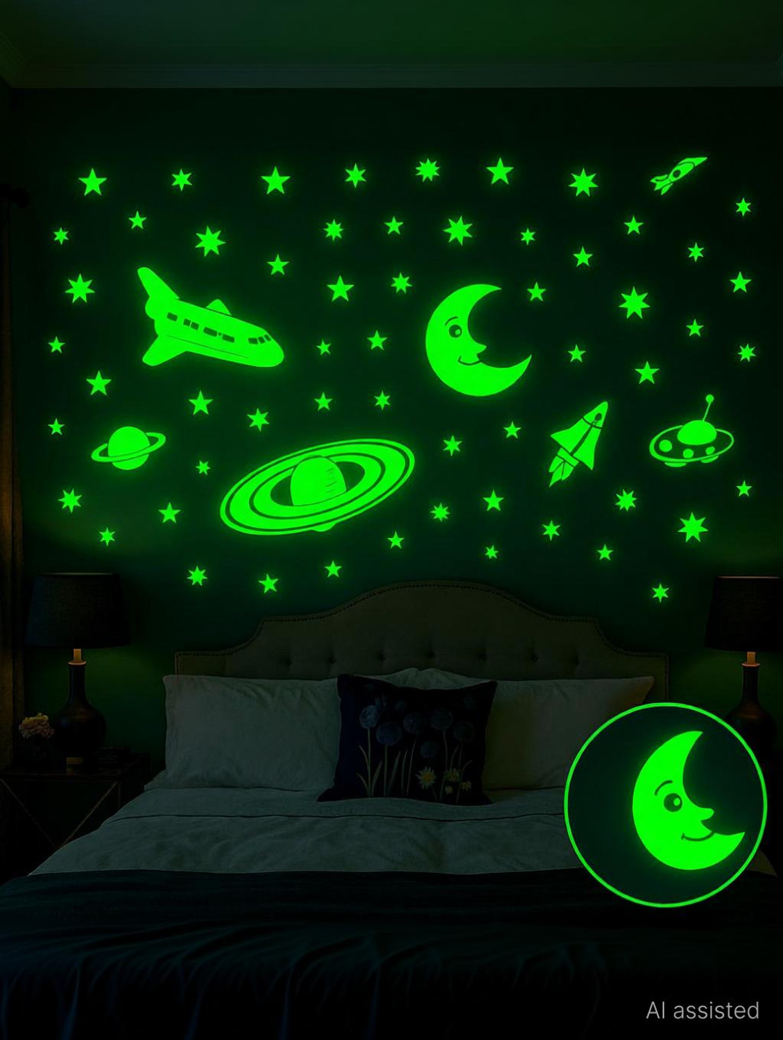 Image of DreamKraft 25 cm Glow in the Dark Galaxy of Stars with Moon Radium Night Wall Stickers Self Adhesive Sticker