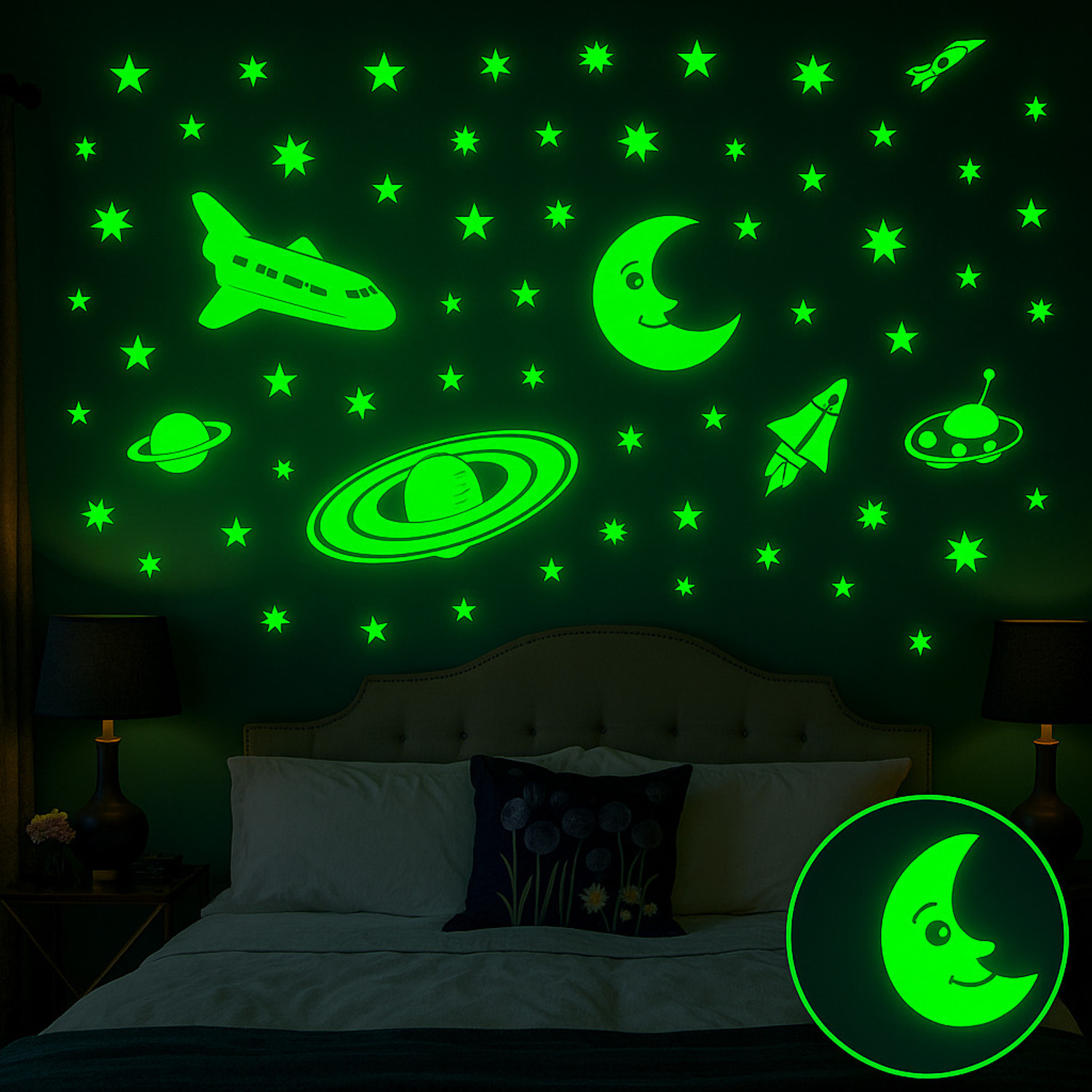 Image of DreamKraft 25 cm Glow in the Dark Galaxy of Stars with Moon Radium Night Wall Stickers Self Adhesive Sticker