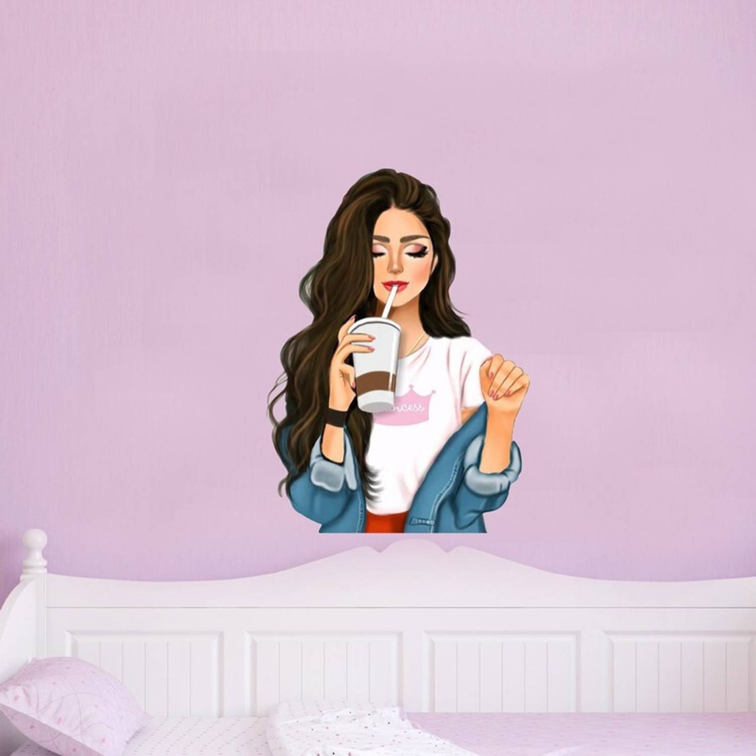 Archi Graphics Studio 48 cm Amazing Beauty Browning Hair Girl With Drink Sip Cold Drink Decorative Wall Sticker ( PVC Vinyl ) Self Adhesive Sticker