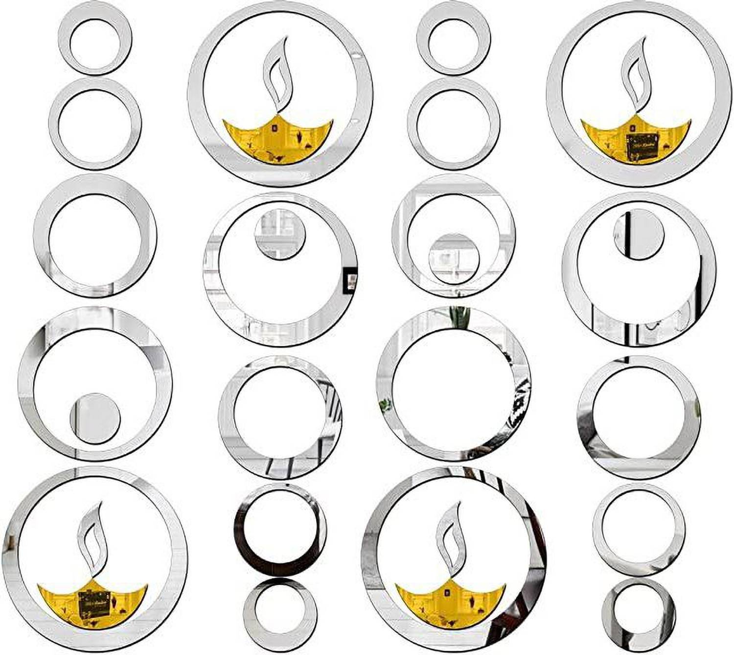Bikri Kendra 14.4 cm 24 Silver Rings with 4 Gold Diya - 3D Acrylic Decorative Mirror Wall Sticker Self Adhesive Sticker