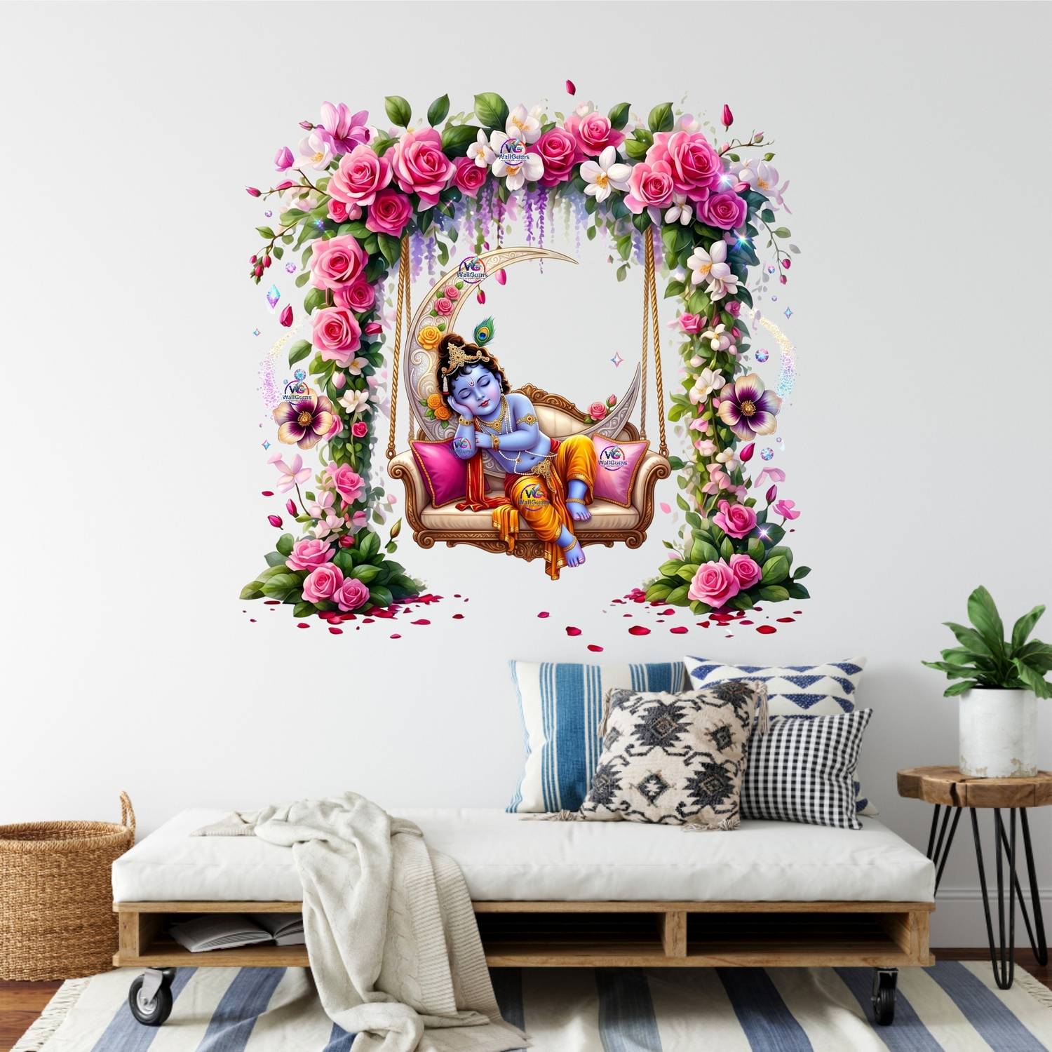 WallGums 60 cm Bal Krishna Swing On Tree Vinyl Decals Wall Stickers Self Adhesive Sticker