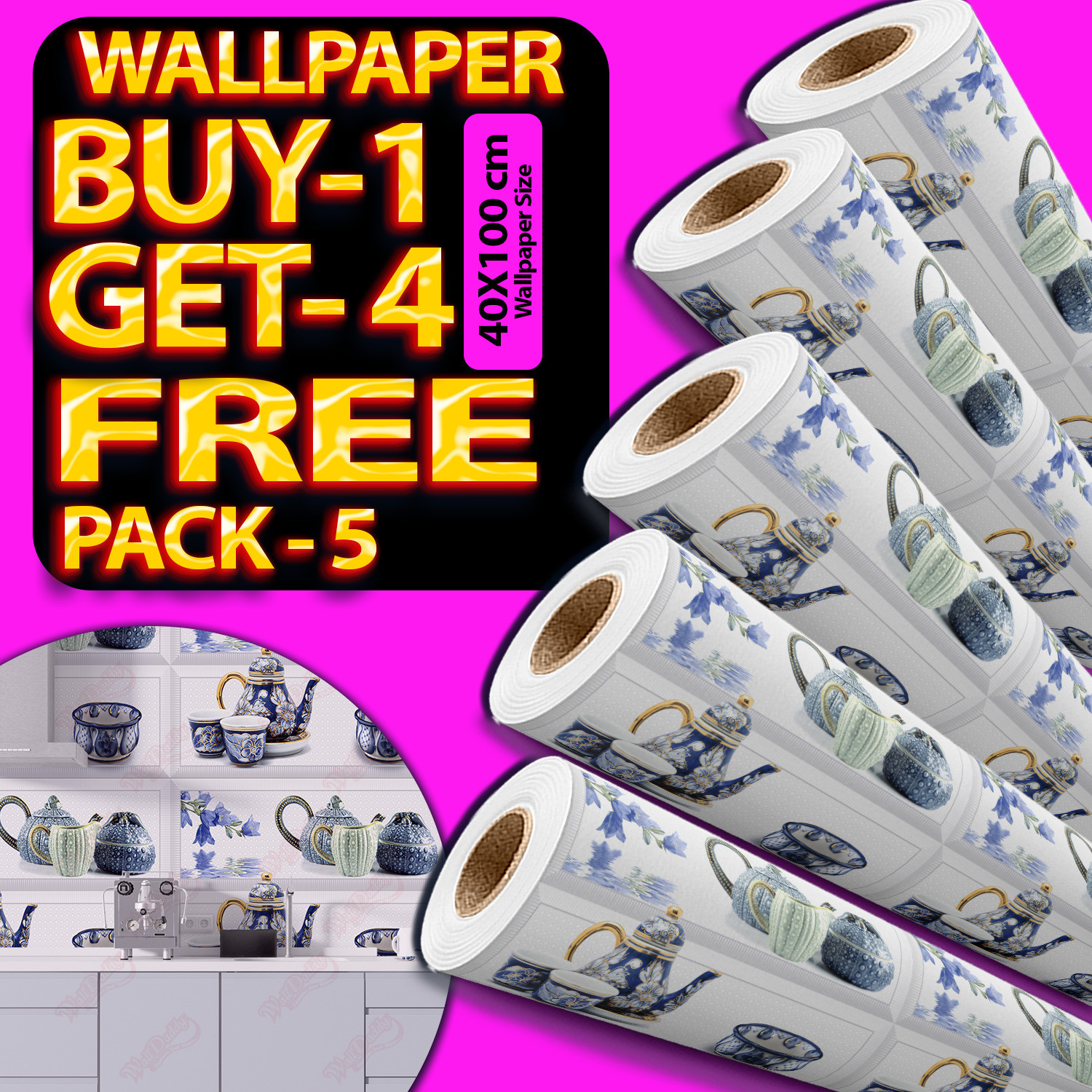 Image of WallDaddy 500 cm Buy 1 Get 4 Free Short Wallpaper Kitchen Wallpaper-09 Wallpaper For Wall Sticker Self Adhesive Sticker