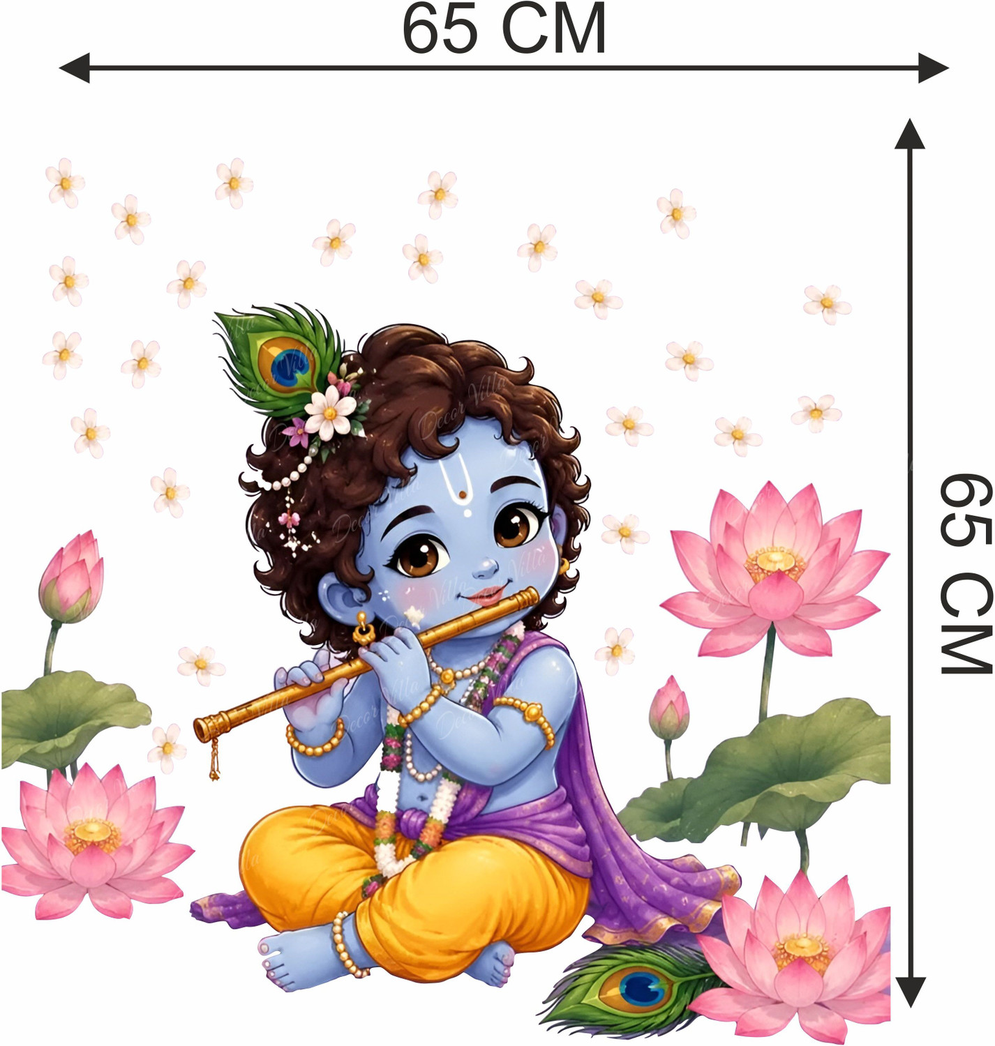 Image of Decor Villa 70 cm Cute Bal krishna sticker for wall Playing Flute with Lotus Flowers Size 70X65 cm Removable Sticker