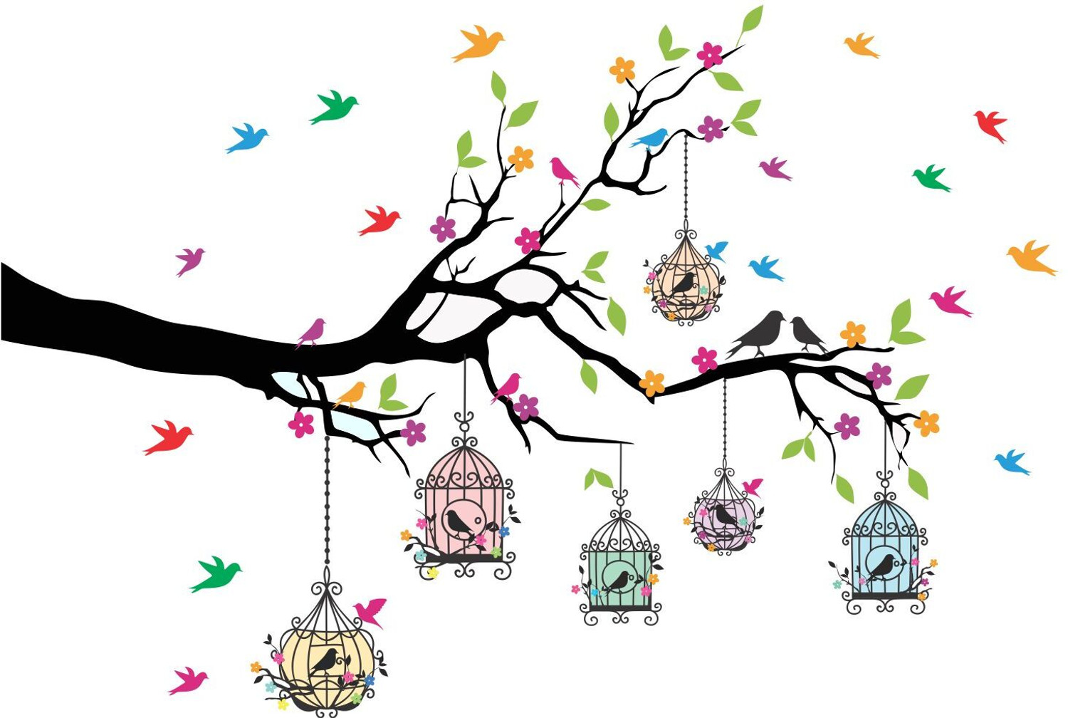 Image of WallHunt 127 cm PVC Vinyl Tree And Flowers Wall Self Adhesive Sticker (Pack of 1)