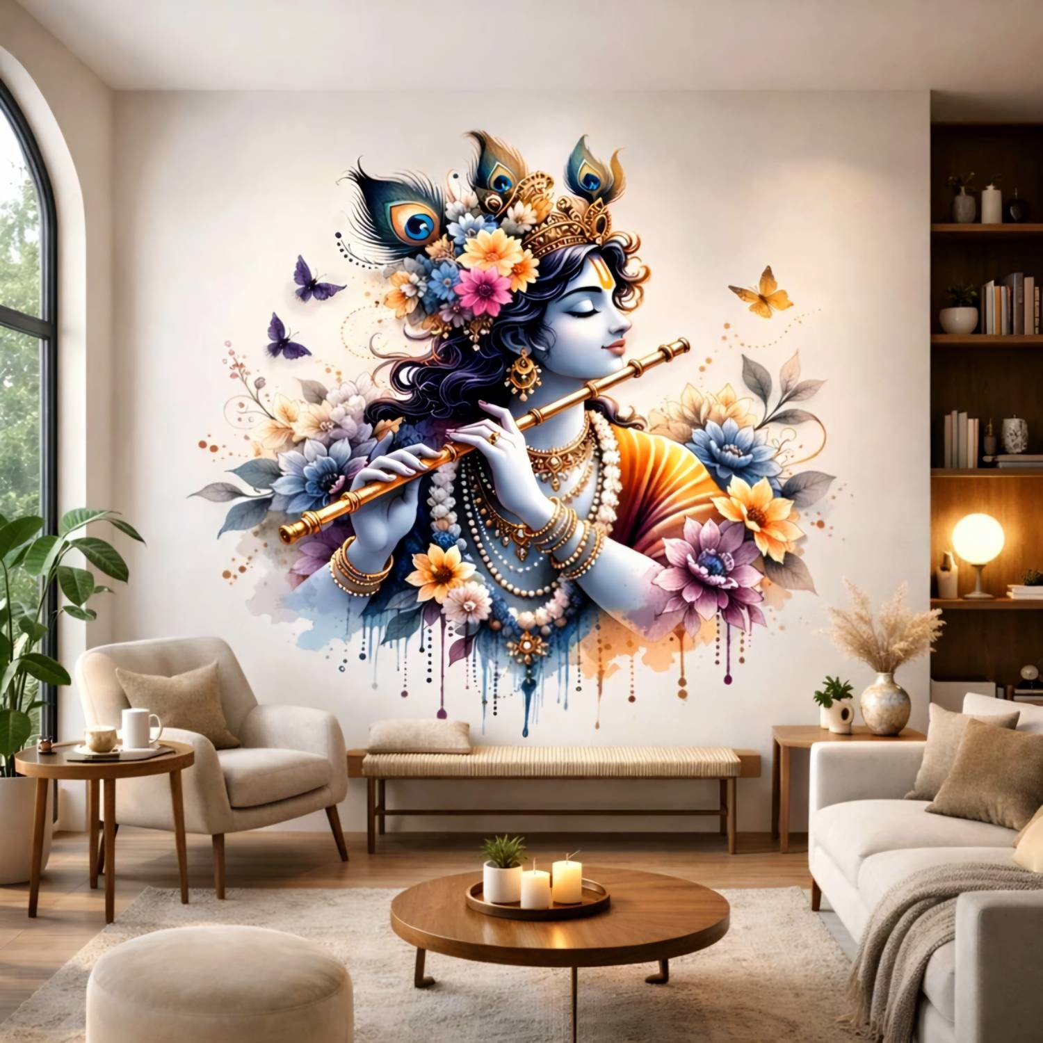 artisian inkwork 70 cm Lord Krishna Wall Sticker, Watercolour Floral Design, Peacock Feather Theme Self Adhesive Sticker