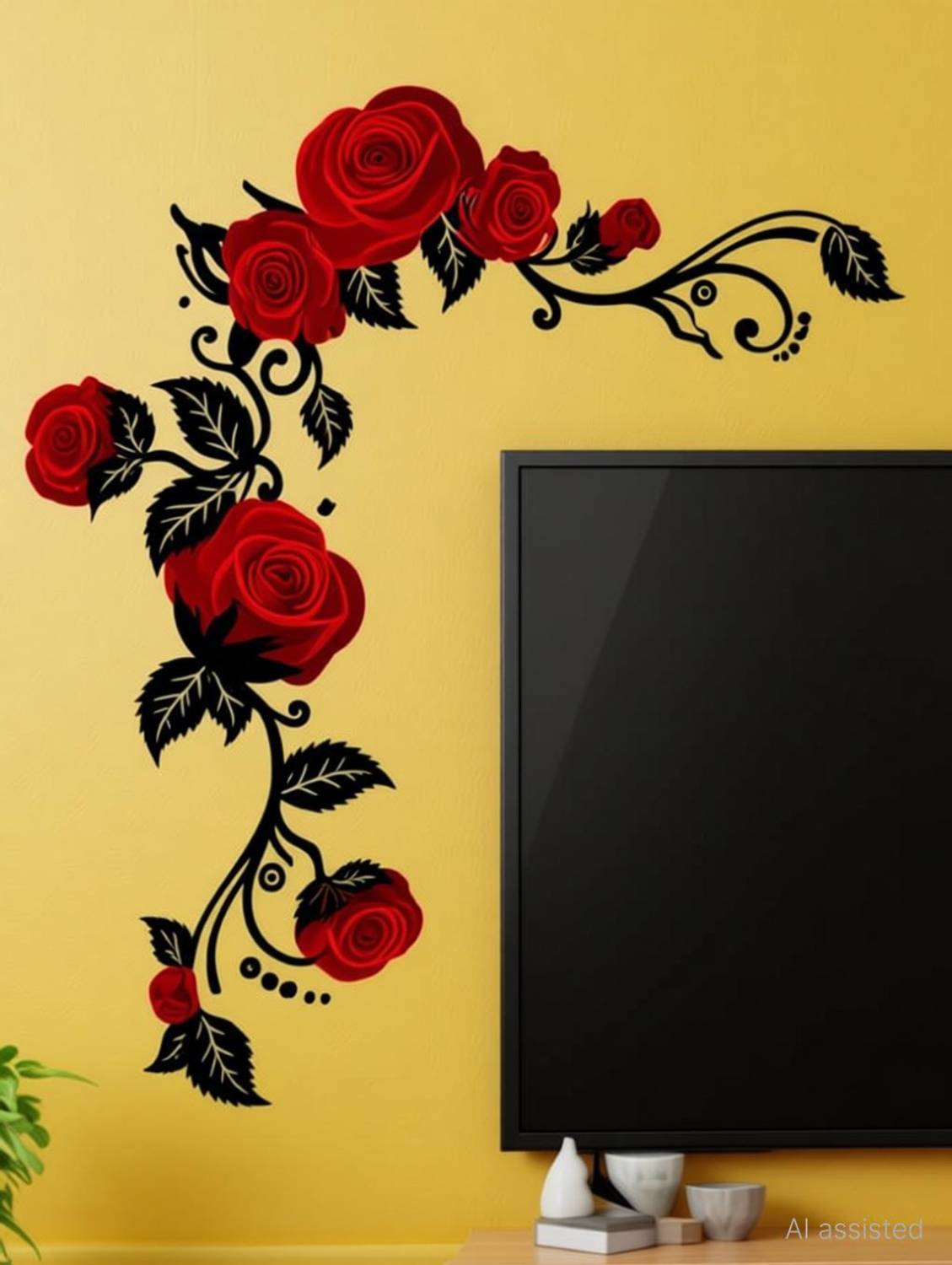InkHex 90 cm Wall Decal Sticker red Rose with Leaves tv Background Wall Sticker Self Adhesive Sticker