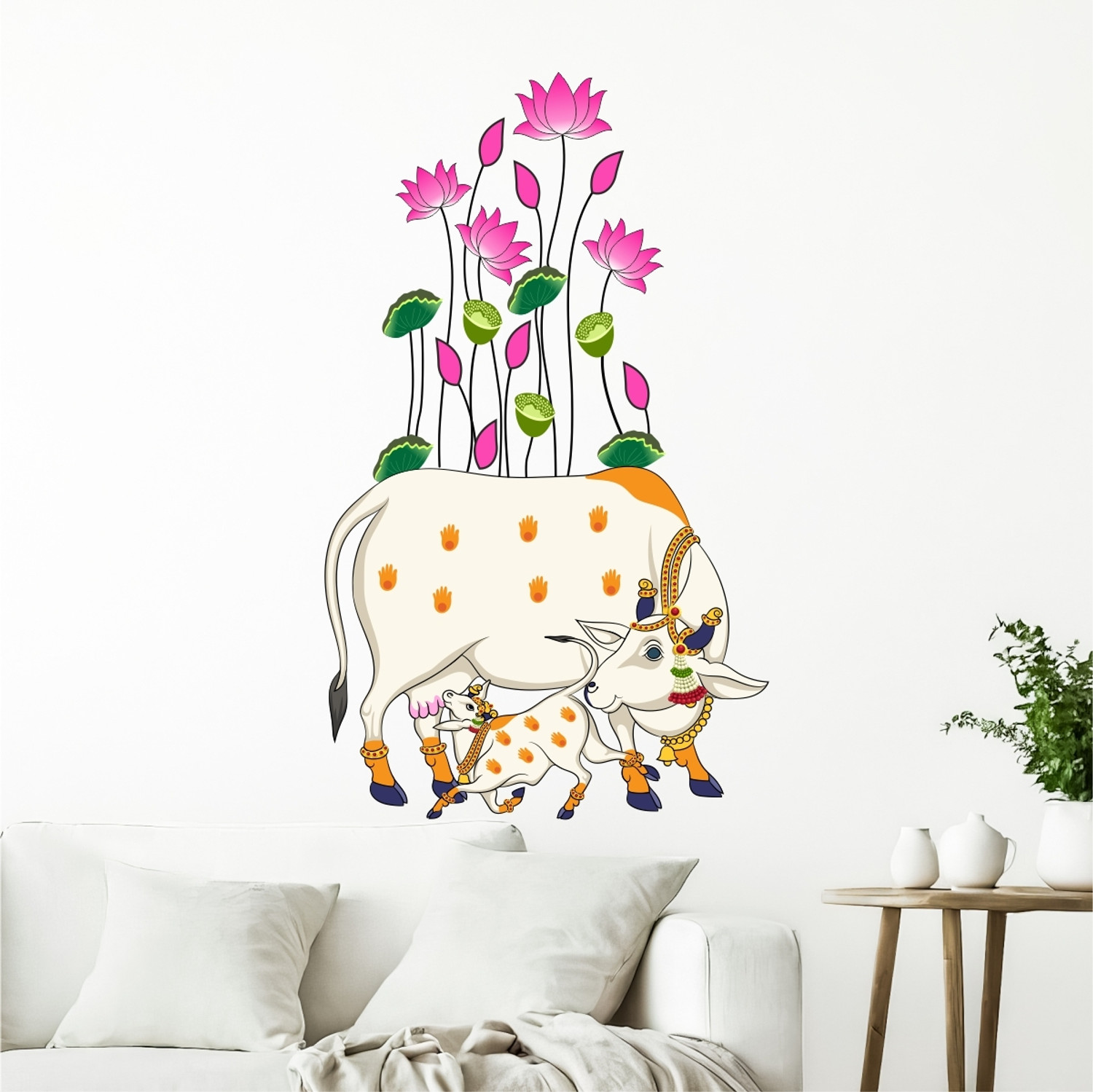 Image of rawpockets 100 cm Kamadhenu Cow and Calf with Lotus Self Adhesive Sticker