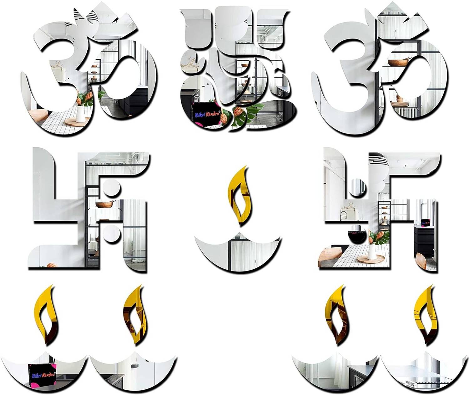 Bikri Kendra 13.97 cm Ganesha om swastik diya combo silver mirror stickers for wall, acrylic Self Adhesive Sticker