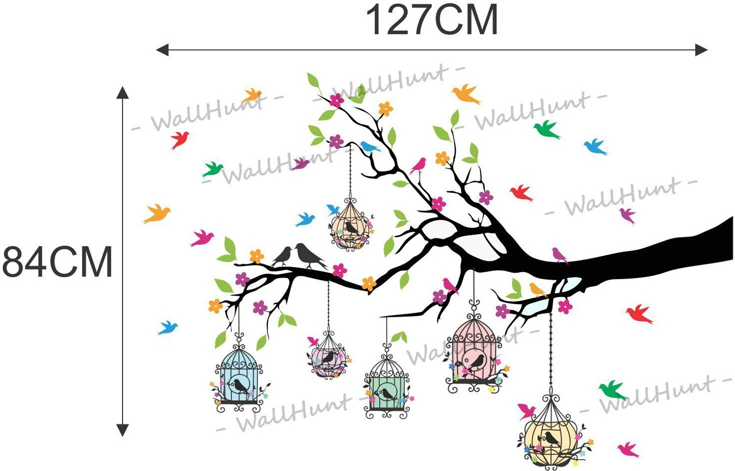 Image of WallHunt 127 cm PVC Vinyl Tree And Flowers Wall Sticker Self Adhesive Sticker (Pack of 1)
