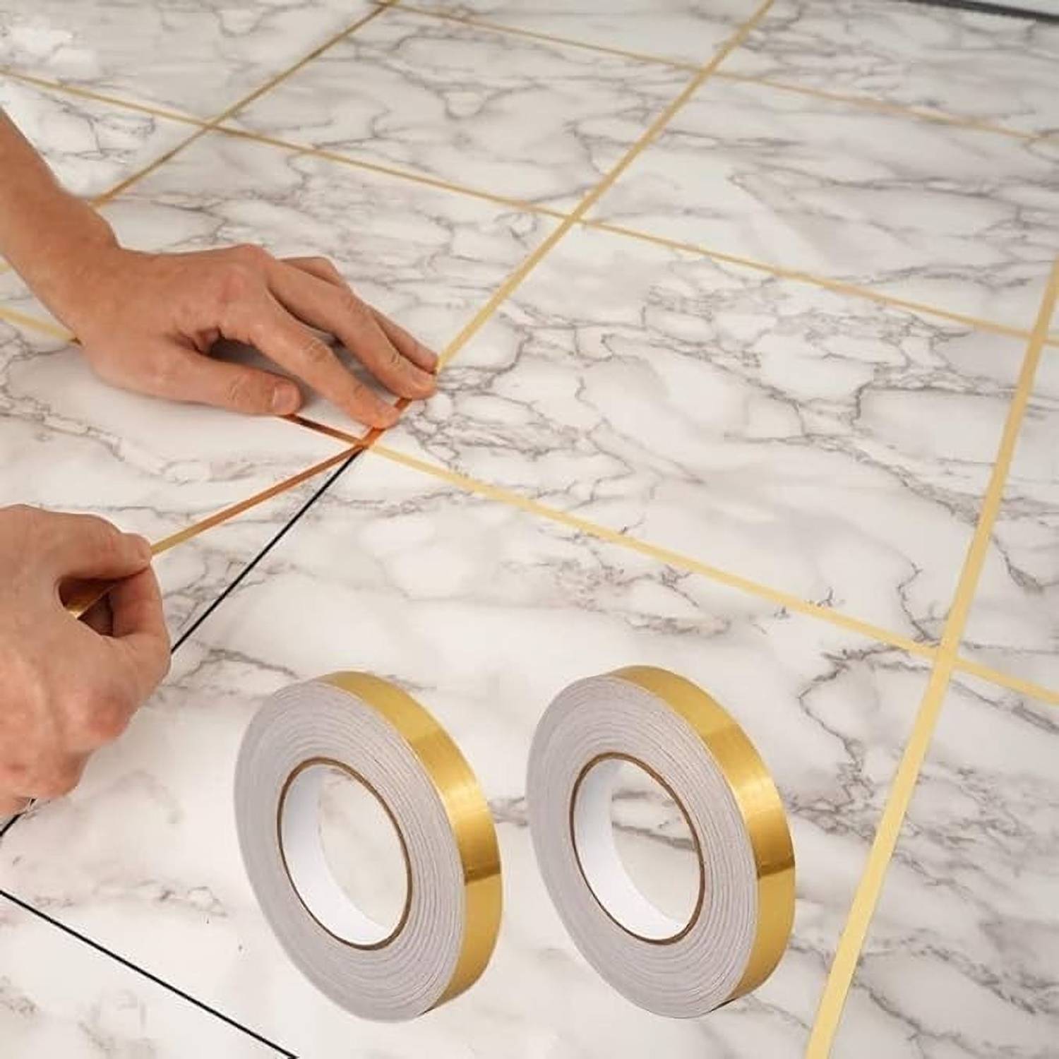 ADVOLKEN 14 cm Tile Stickers for Flooring - 1cm x 50m (Gold) Removable Sticker