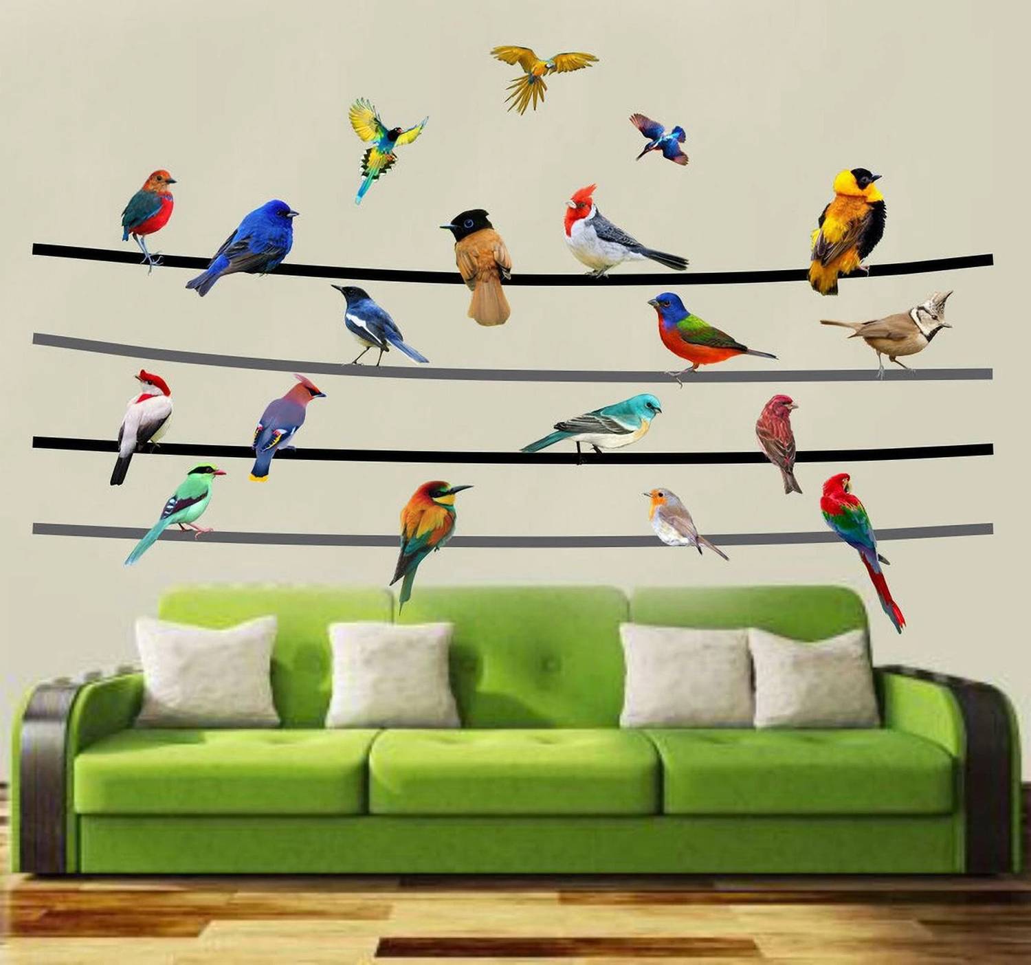 Archi Graphics Studio 174 cm beautiful birds sitting on wire colorful decorative wall sticker (pvc vinyl) Self Adhesive Sticker