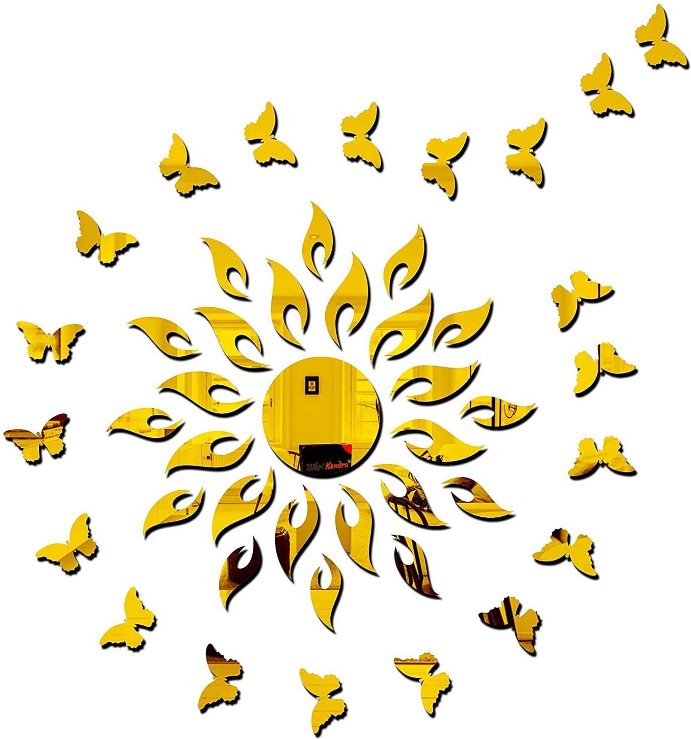 Bikri Kendra 45 cm Sun Golden with 20 Butterfly Golden - 3D Acrylic Mirror Stickers for Wall Self Adhesive Sticker