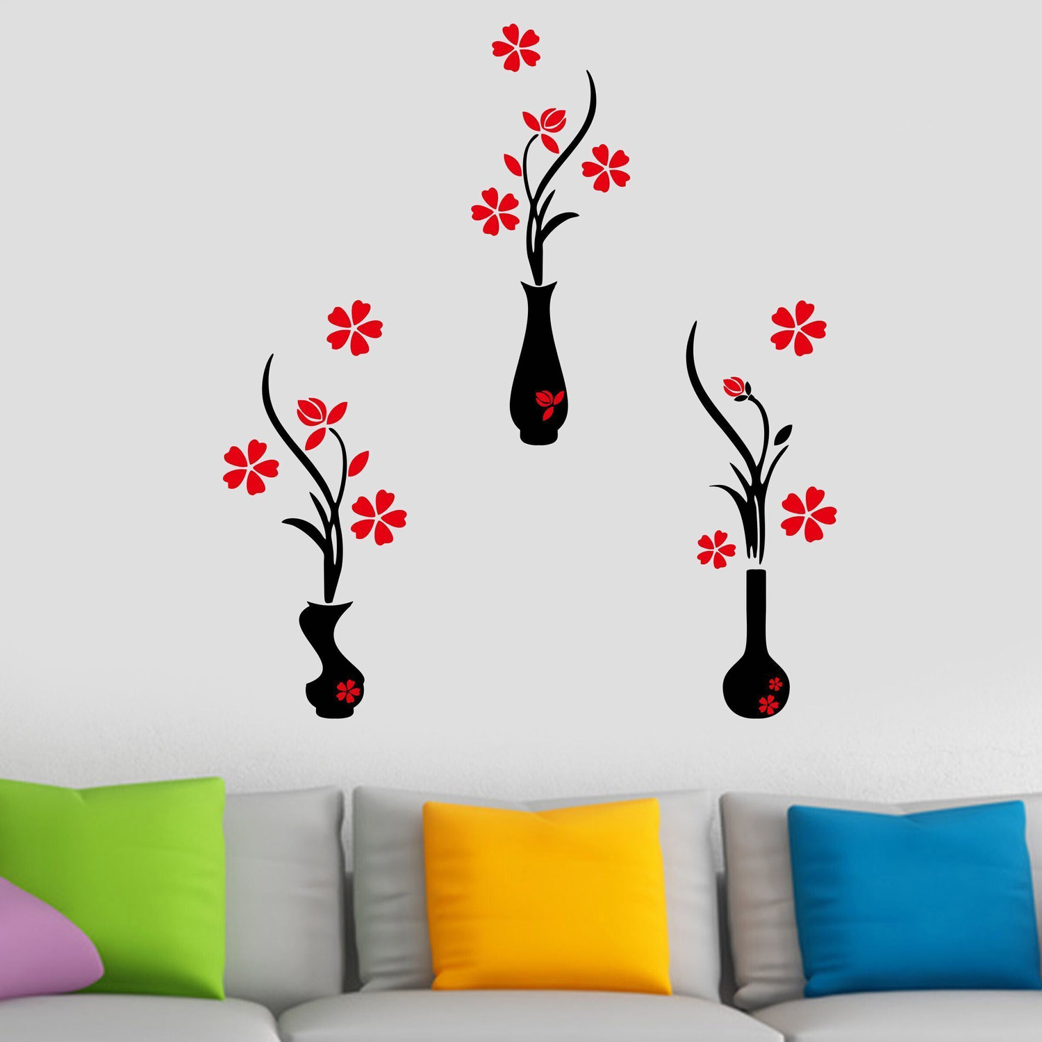 Image of SV collections 136 cm inchBeautiful Red Flowers Pots inch Wall Stickers ( Pack Of 1 ) Self Adhesive Sticker