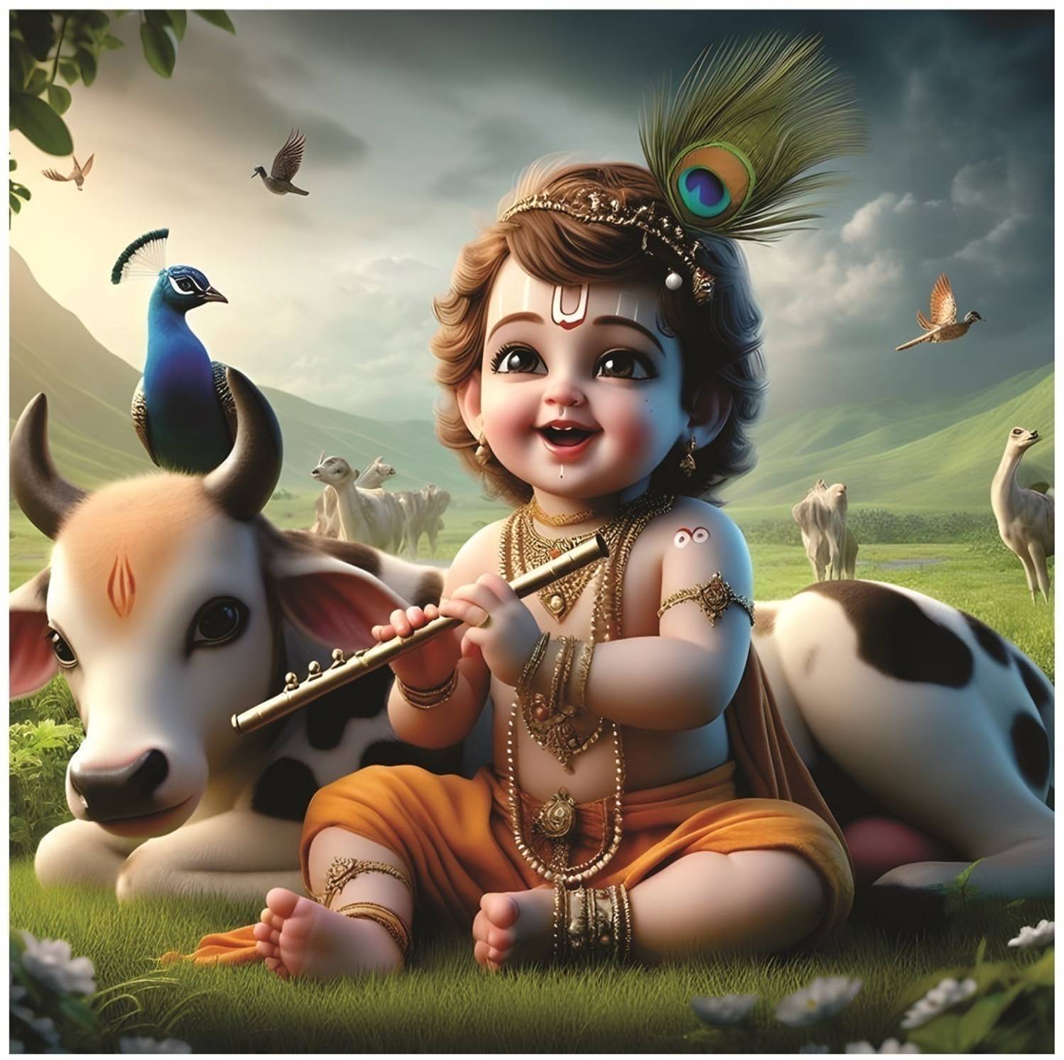 AnaBiaDecor 41 cm Baby Bal Krishna With Cow God Wall Poster for Pooja Room Self Adhesive Sticker