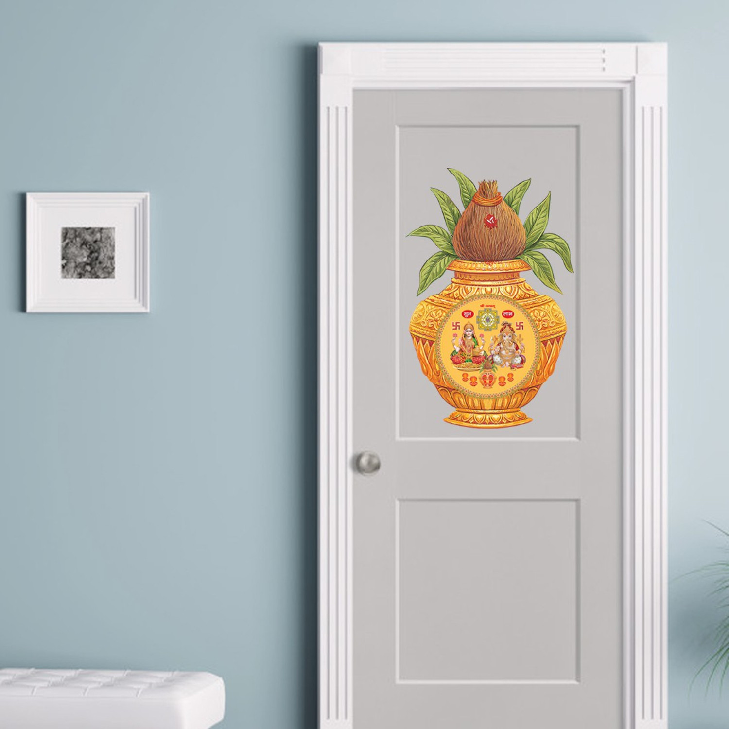 Image of god & god's 41 cm Laxmi & Ganesh Ji on Yellow Kalash Self Adhesive Sticker