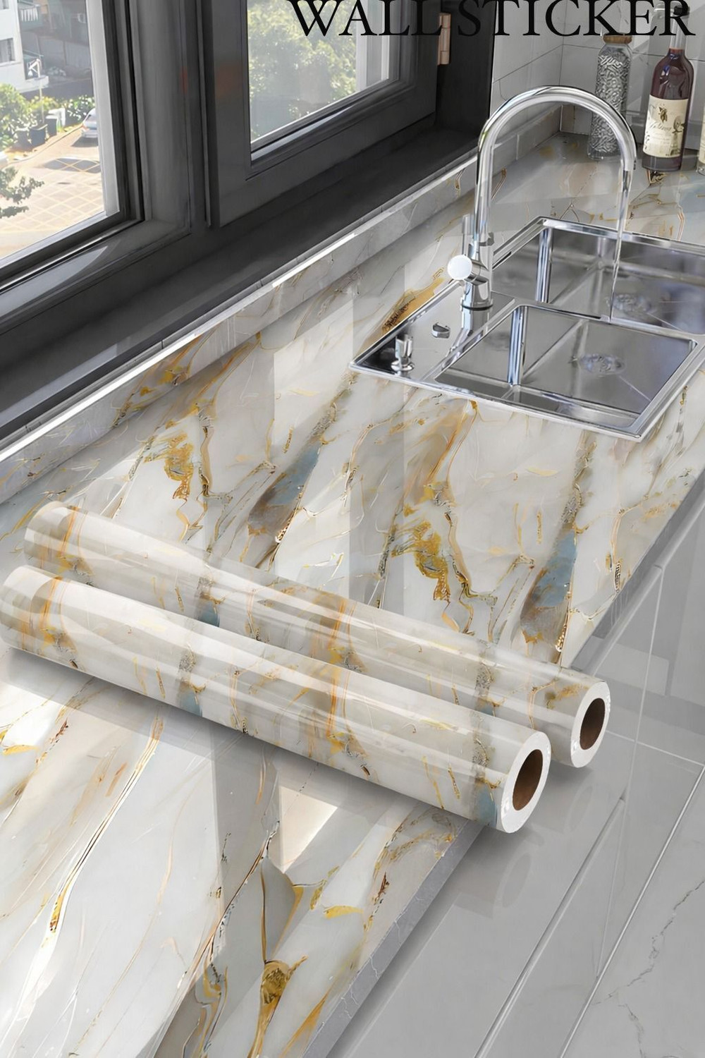 Image of voltify 200 cm Waterproof Wall Sticker For Kitchen & Home Decor - Glossy Marble Pattern Self Adhesive Sticker