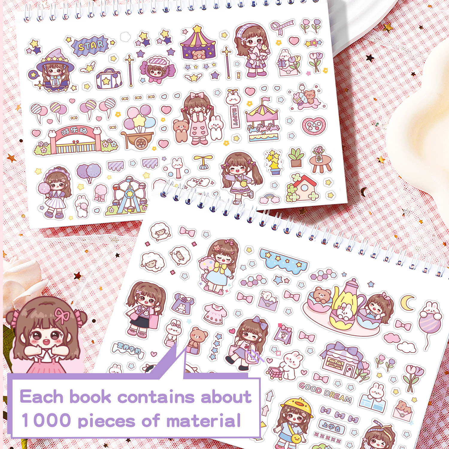 Image of HS ENTERPRISE 21 cm Cute Kawaii Sticker Book 1000+ Cartoon Stickers for Kids Girls Planner DIY Self Adhesive Sticker