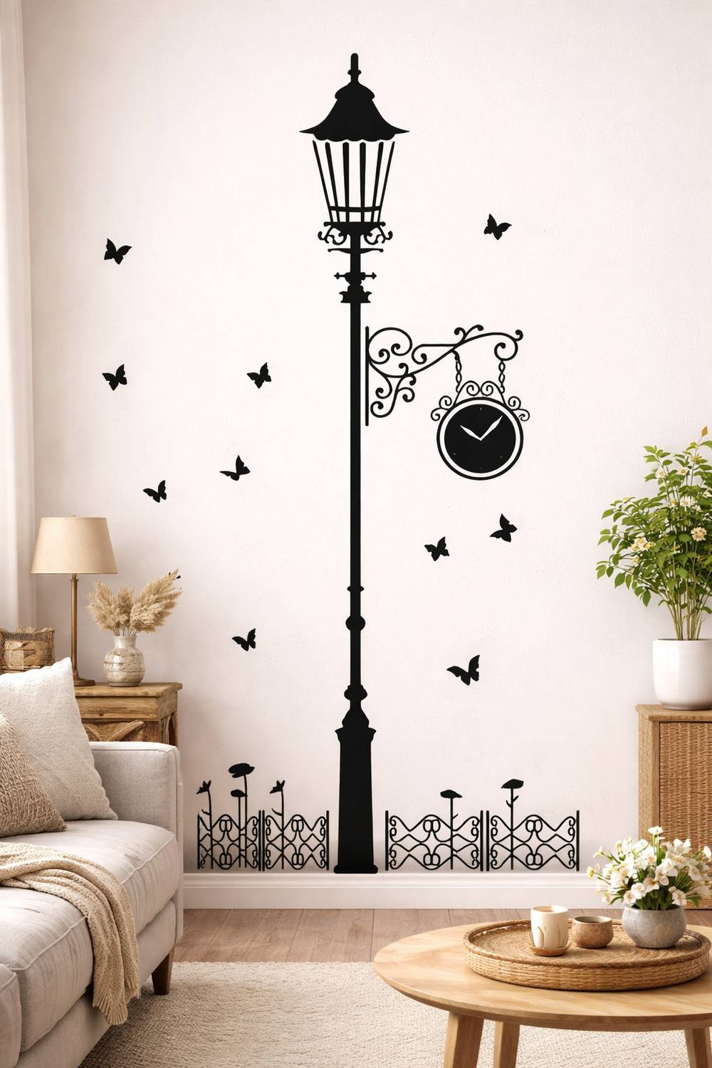 artisian inkwork 110 cm Vintage Street Lamp Wall Sticker with Clock and Butterflies Self Adhesive Sticker