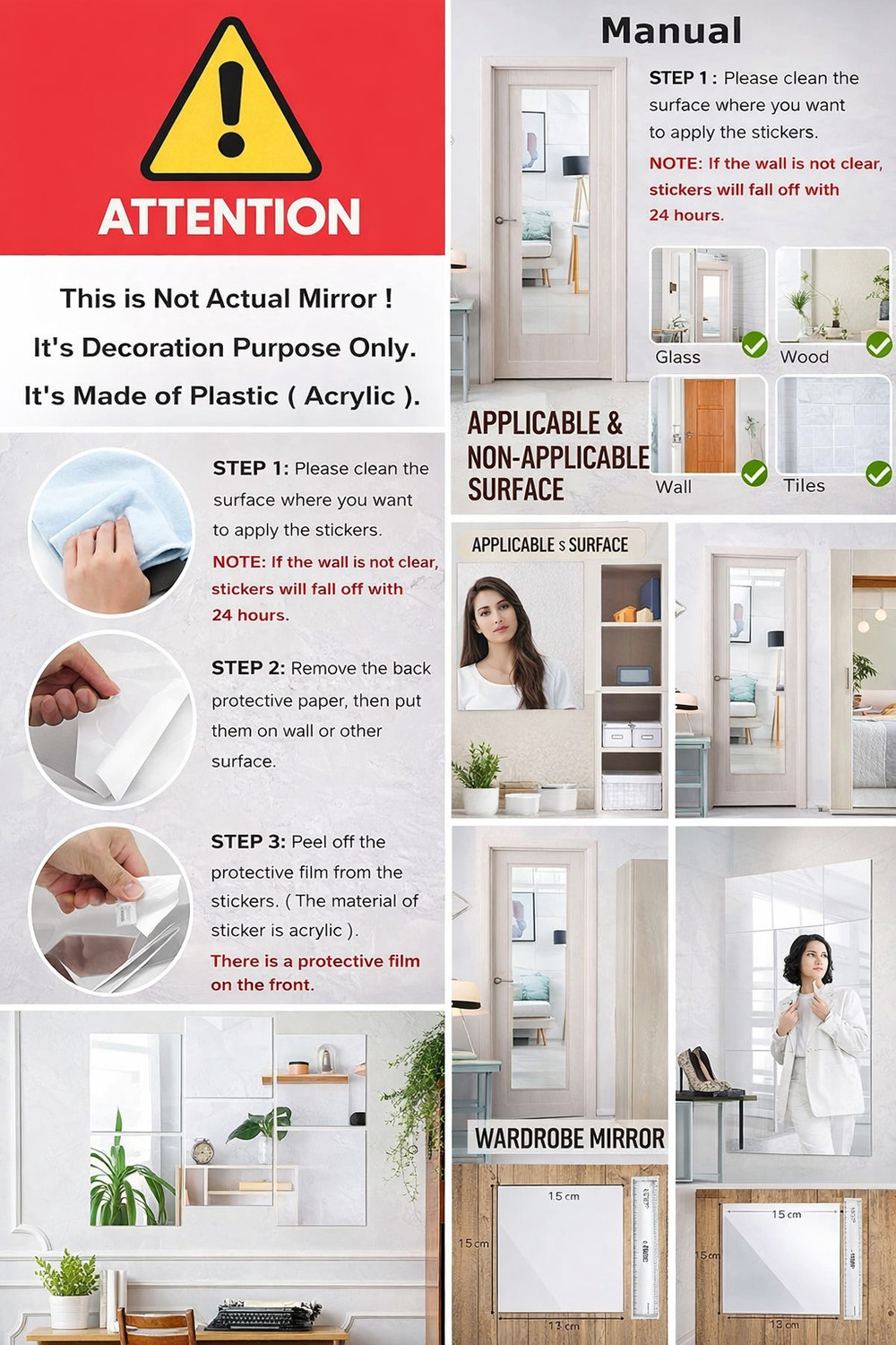Image of WAKAI VISUAL 15 cm 10 Pcs Self Adhesive Acrylic Mirror Self Adhesive Sticker