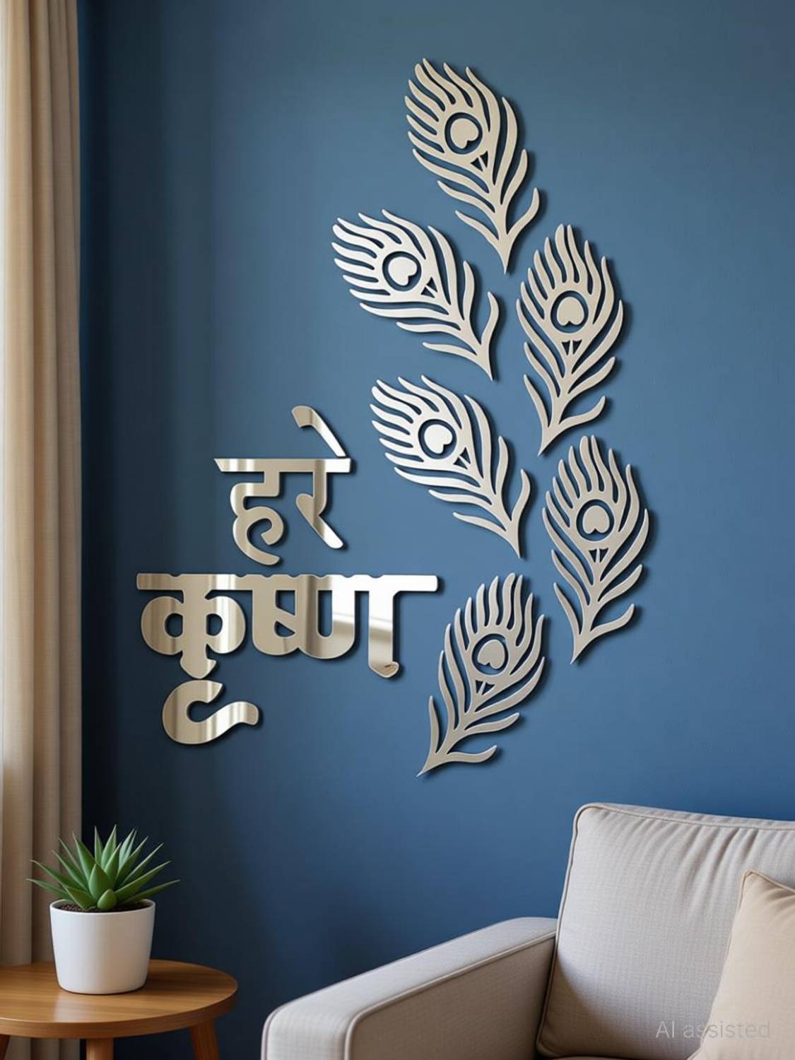 Bikri Kendra 23.1 cm Krishn with 6set Mor Pankh Silver Mirror Sticker for wall, Acrylic Sticker Self Adhesive Sticker