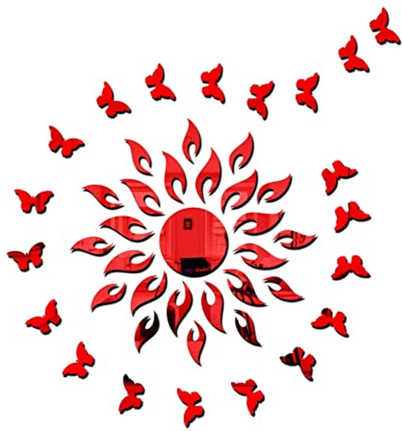 Bikri Kendra 45 cm Sun red with 20 red Butterfly - 3D Acrylic Mirror Stickers for Wall Self Adhesive Sticker