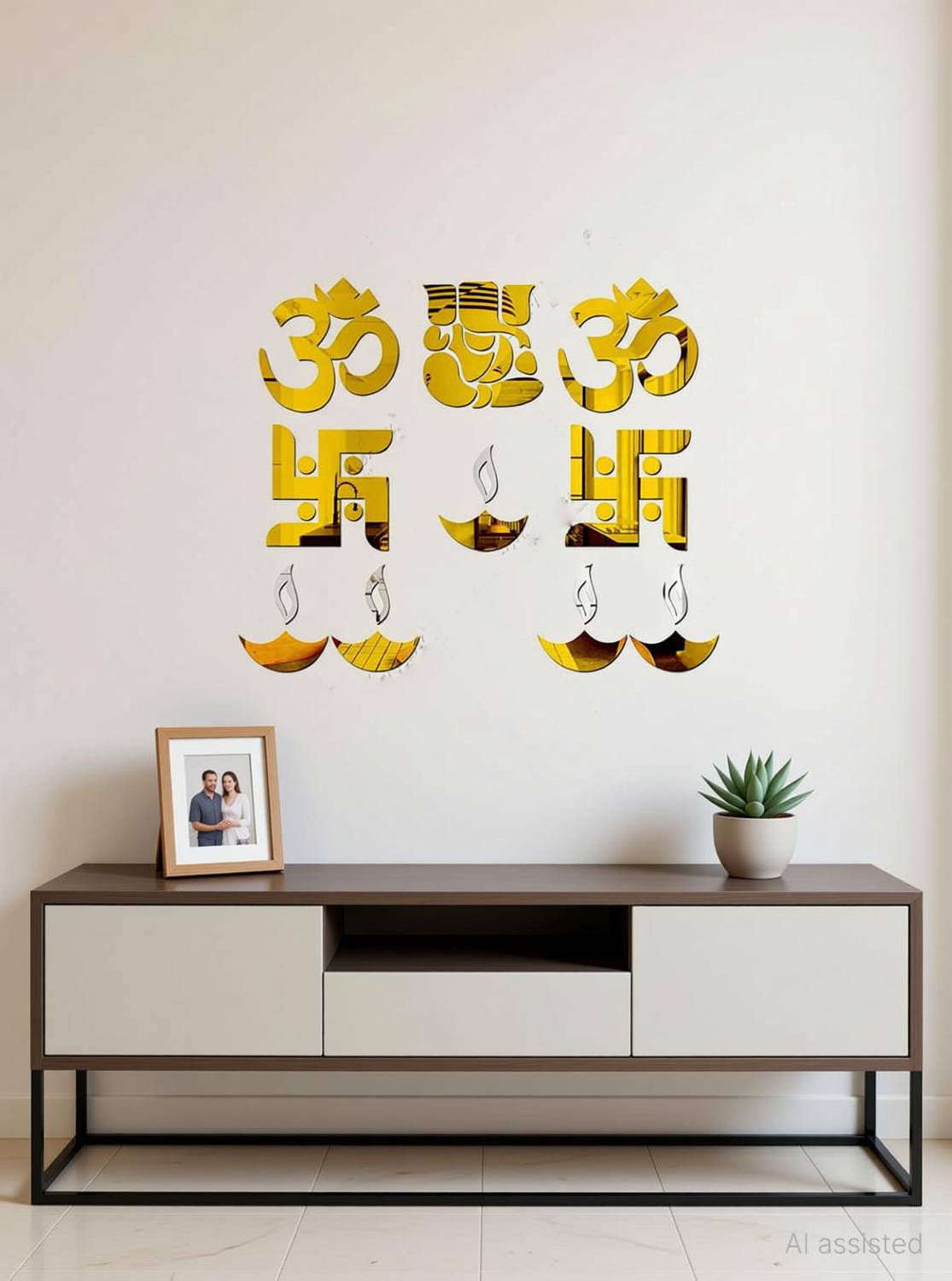 Bikri Kendra 13.97 cm Ganesha with Om Swastika Diyas 3D Acrylic Decorative Mirror Wall Sticker Self Adhesive Sticker