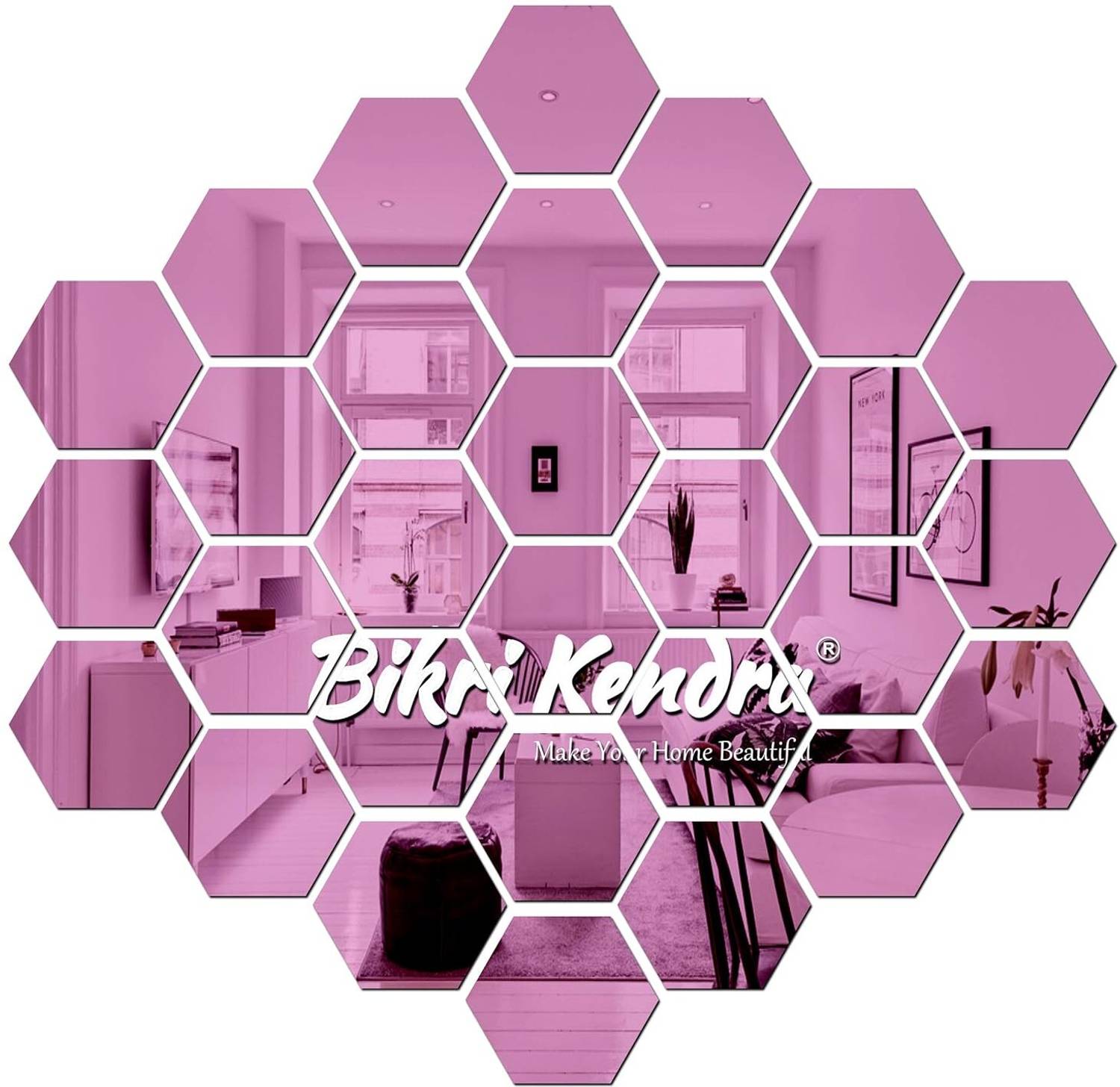 Bikri Kendra 12 cm Hexagon 30 Purple Mirror Stickers for Wall, Acrylic Mirror Wall Decor Self Adhesive Sticker