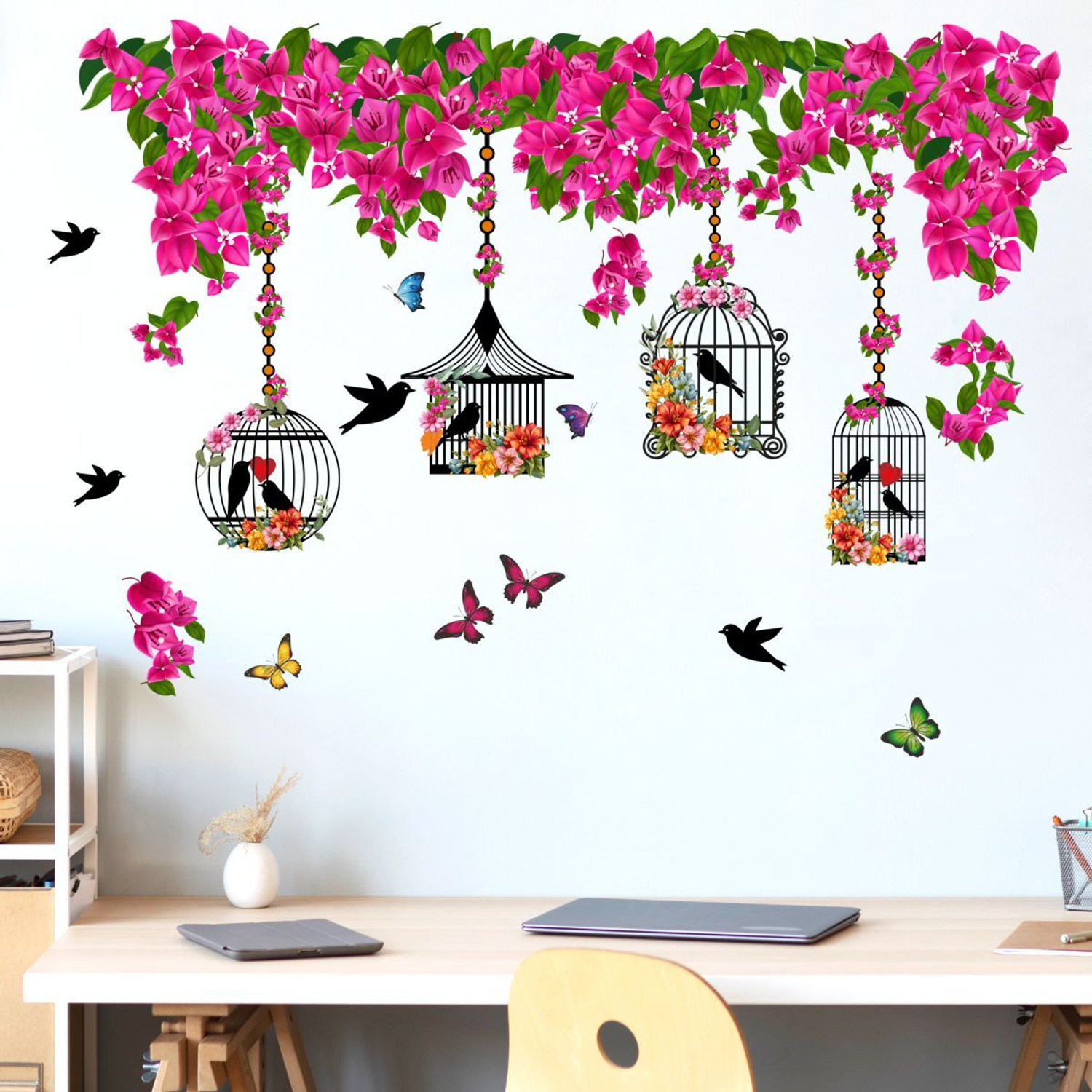 Image of Decal O Decal 60 cm Bird Cage With Pink Flowers & Butterflies Self Adhesive Sticker
