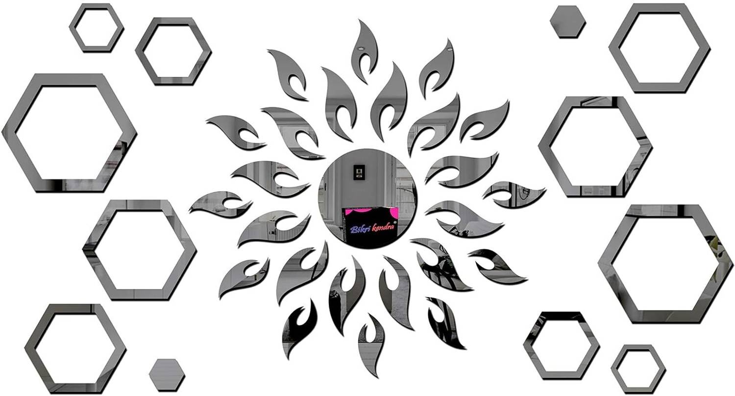 Bikri Kendra 45 cm Sun Black with Hexagon Ring Black 2 Set - 3D Acrylic Mirror Stickers for Wall Self Adhesive Sticker