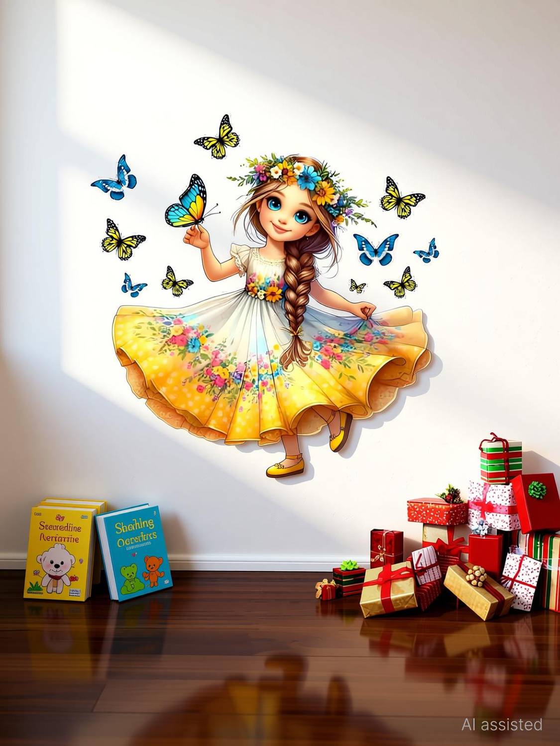 Ajay craft 60 cm cute little girl with buttrfly design wall sticker Self Adhesive Sticker