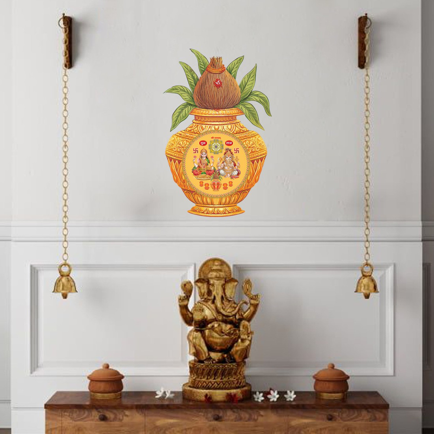 Image of god & god's 41 cm Laxmi & Ganesh Ji on Yellow Kalash Self Adhesive Sticker