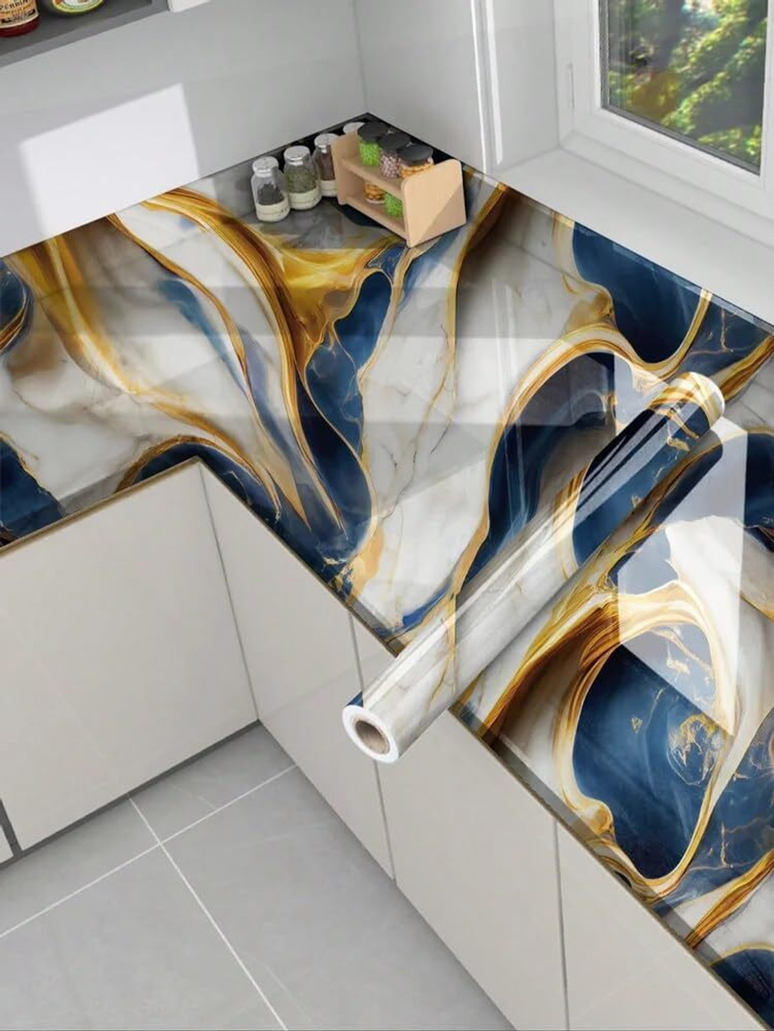 Image of SIRTERIQ 200 cm Self-Adhesive Removable Shining Oil Proof & Waterproof Kitchen Marble Sticker Self Adhesive Sticker