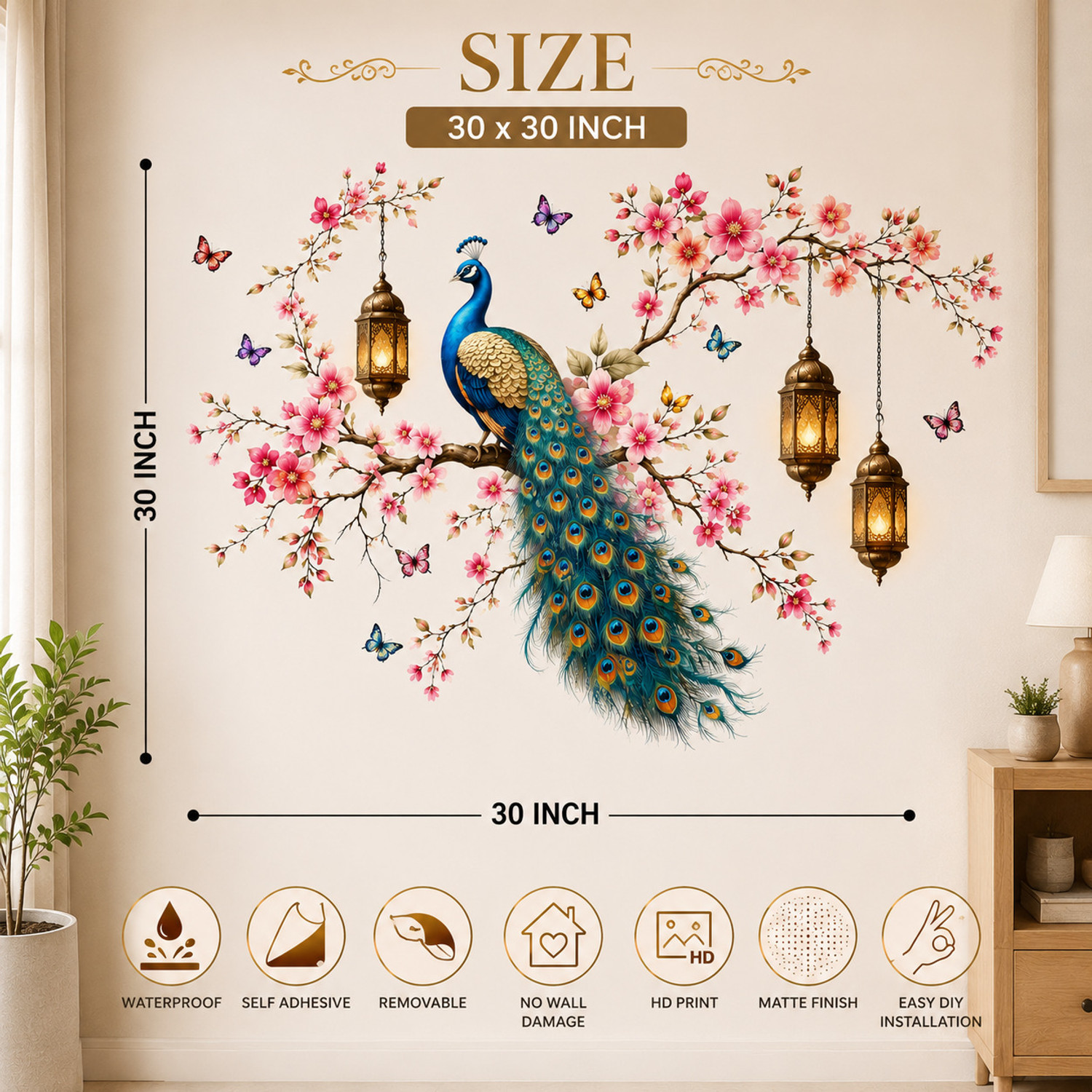 Image of SatnamEncase 30 inch Royal Peacock Gold Floral Wall Sticker Self Adhesive Sticker