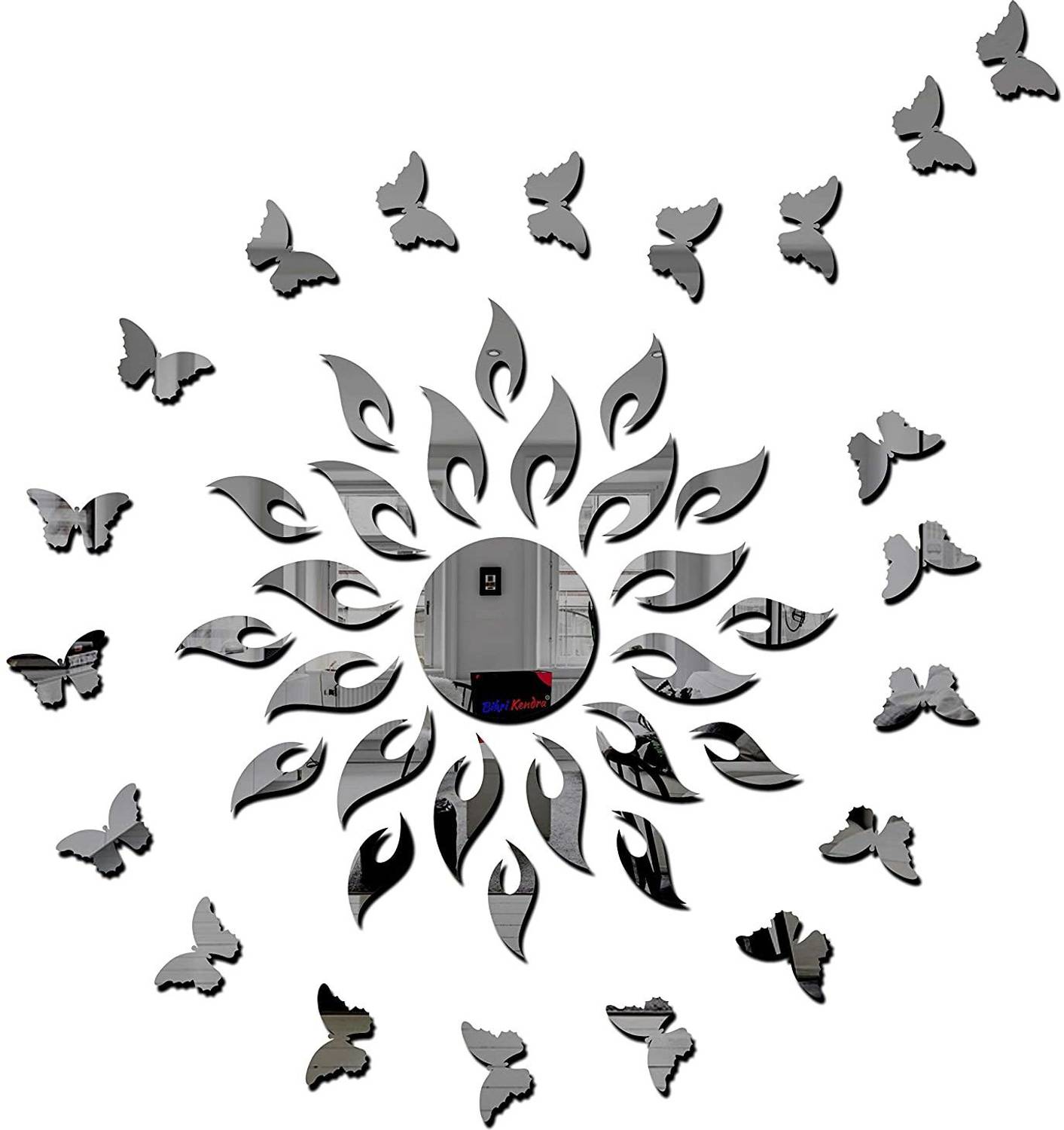 Bikri Kendra 45 cm Sun Black with 20 Black Butterfly - 3D Acrylic Mirror Stickers for Wall Self Adhesive Sticker