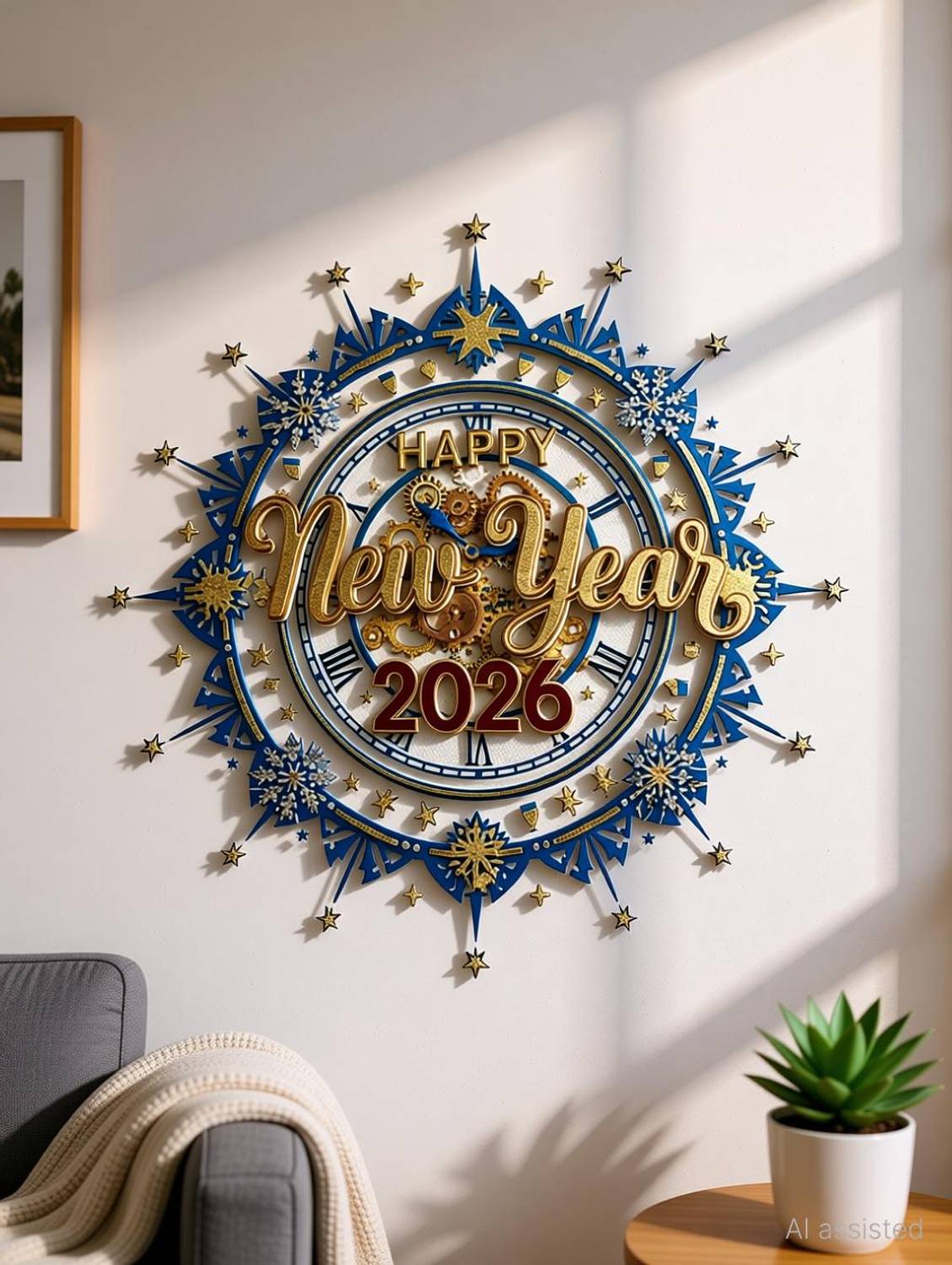artisian inkwork 45 cm Happy New Year 2026 Wall Sticker, Decorative Clock Design with Snowflake Border Self Adhesive Sticker