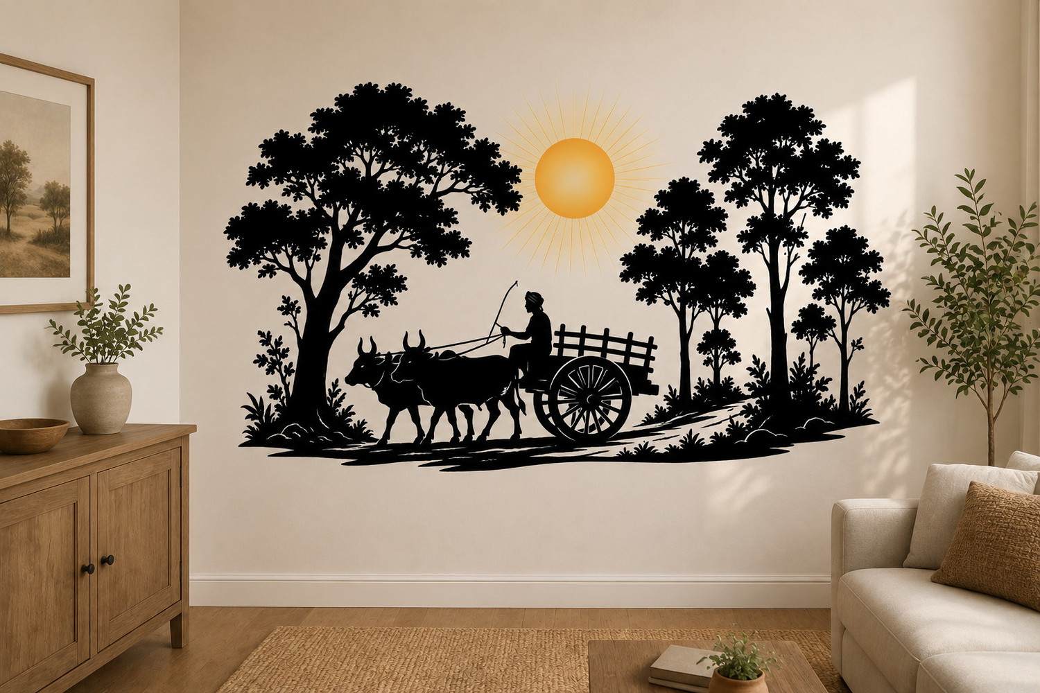 Image of RadhaCreations 36 inch Village Bullock Cart Wall Sticker Traditional Rural Scenery Wall Sticker Self Adhesive Sticker