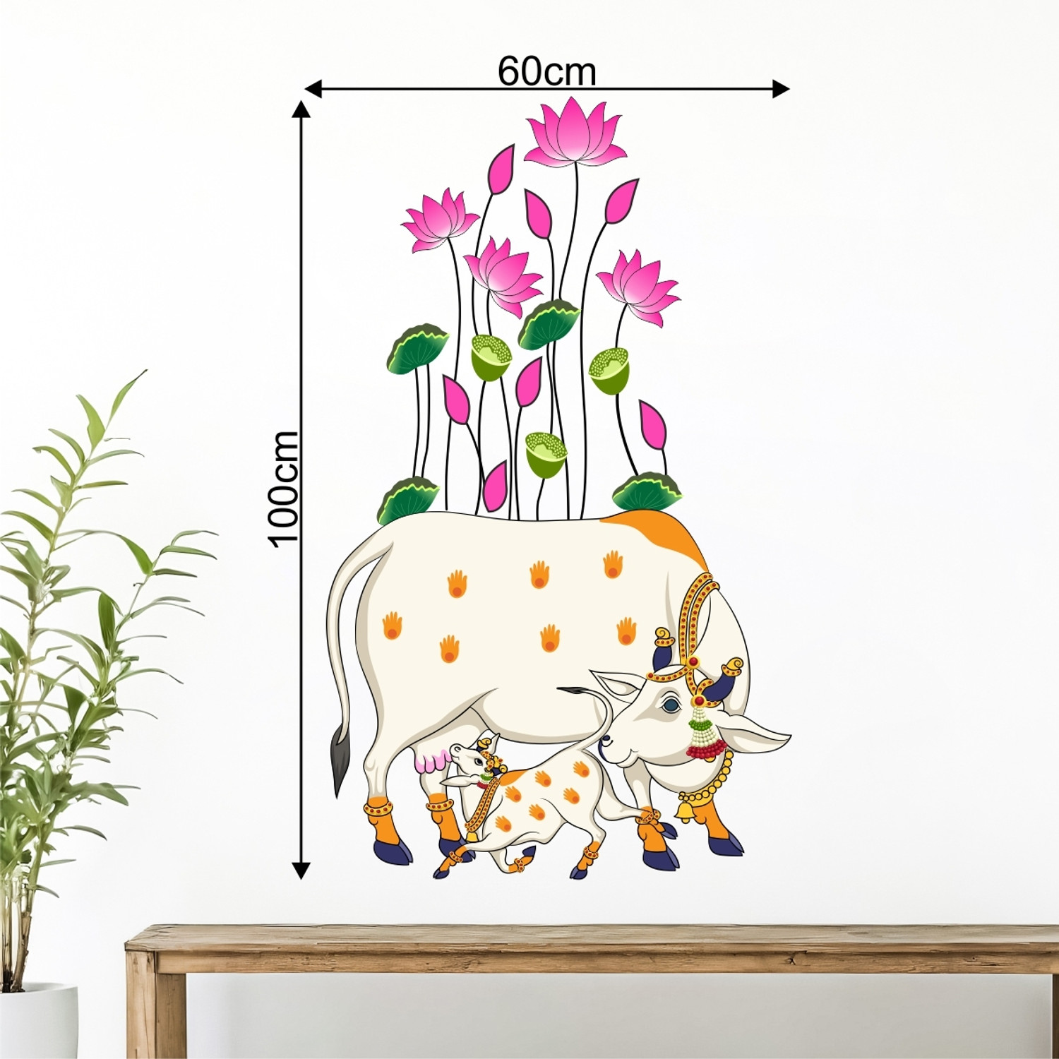 Image of rawpockets 100 cm Kamadhenu Cow and Calf with Lotus Self Adhesive Sticker